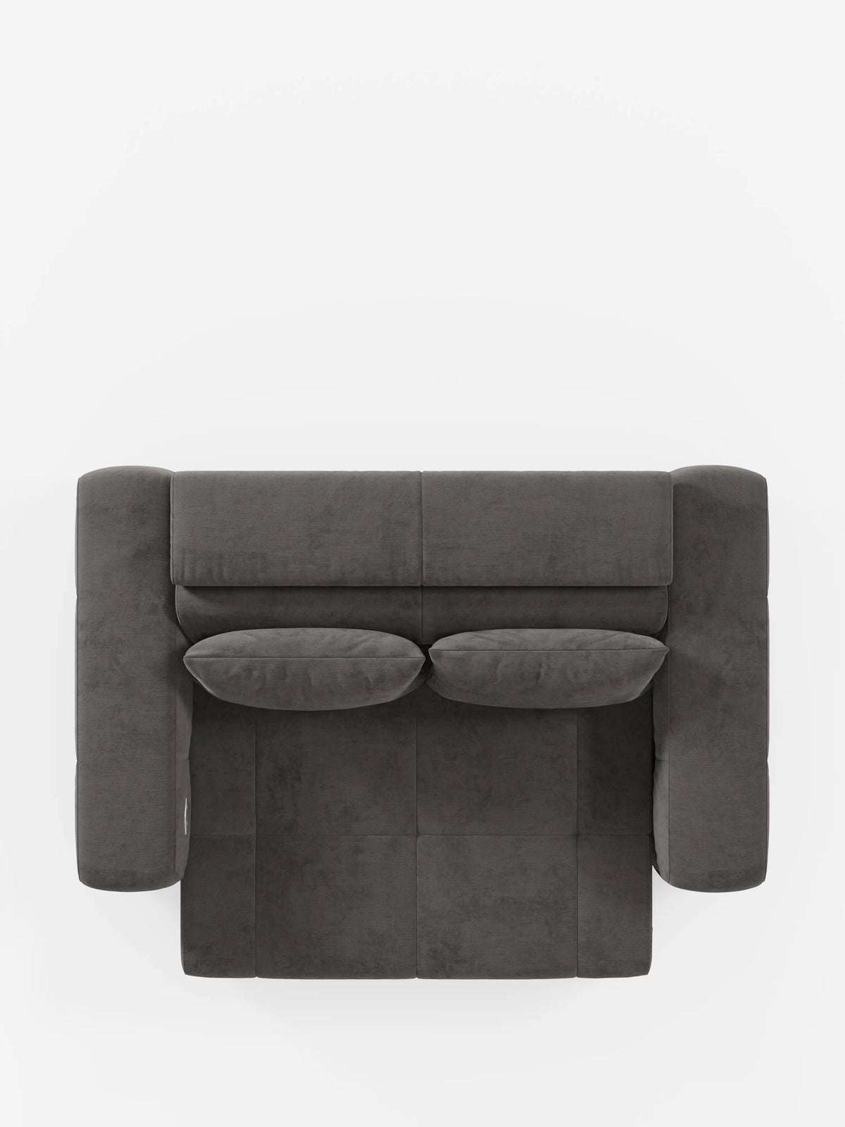 Vista dall'alto di un divano Monarch moderno, color grigio scuro, con funzione Relax Elettrico per l'allungamento delle sedute e poggiatesta reclinabile, realizzato in morbido tessuto smacchiabile T31 di Divani.Store, con due cuscini coordinati. Questo elegante divano presenta linee pulite e braccioli spessi dal design minimalista che risaltano sullo sfondo bianco. I cuscini della seduta e dello schienale sono perfettamente allineati.