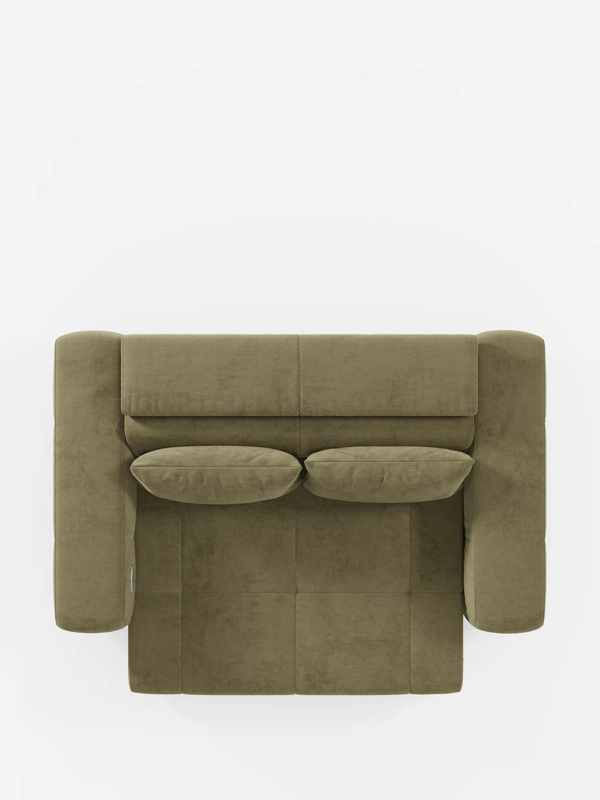 Una vista dall'alto del divano Monarch con funzione relax elettrica per l'allungamento delle sedute e poggiatesta reclinabile di Divani.Store, rivestito in verde oliva, con due cuscini abbinati. Questo divano contemporaneo, realizzato in tessuto T31 morbido e resistente alle macchie, presenta ampi braccioli e un design elegante e moderno su uno sfondo bianco a tinta unita.