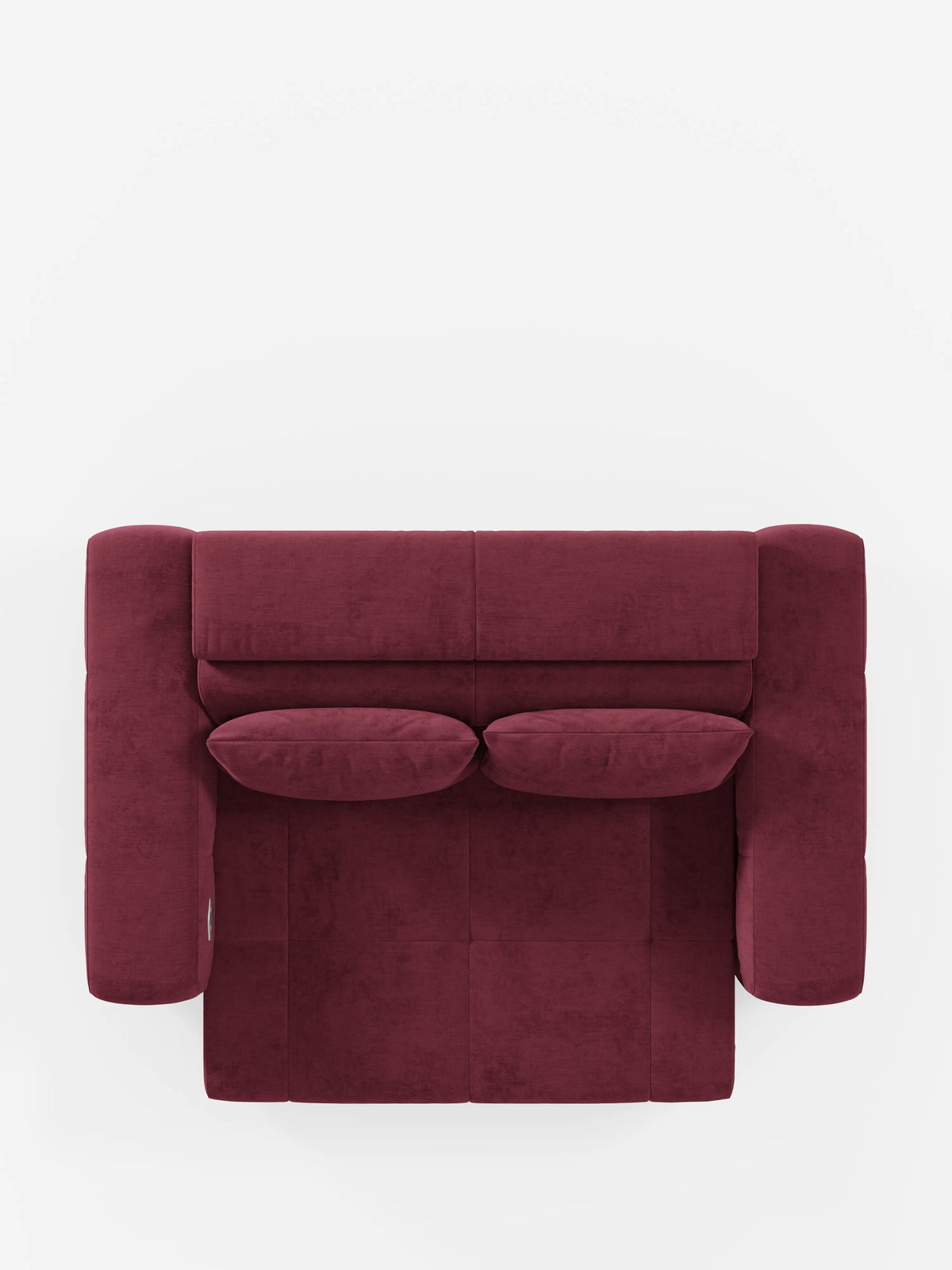 Una vista dall'alto del divano Monarch con funzione relax elettrica per l'allungamento delle sedute e poggiatesta reclinabile di Divani.Store, rivestito in tessuto T31 color bordeaux, morbido e facile da pulire, con due cuscini coordinati. Il moderno design squadrato è caratterizzato da ampi braccioli e da una seduta imbottita, che cattura l’essenza di un divano contemporaneo per un look pulito e accogliente su uno sfondo bianco.