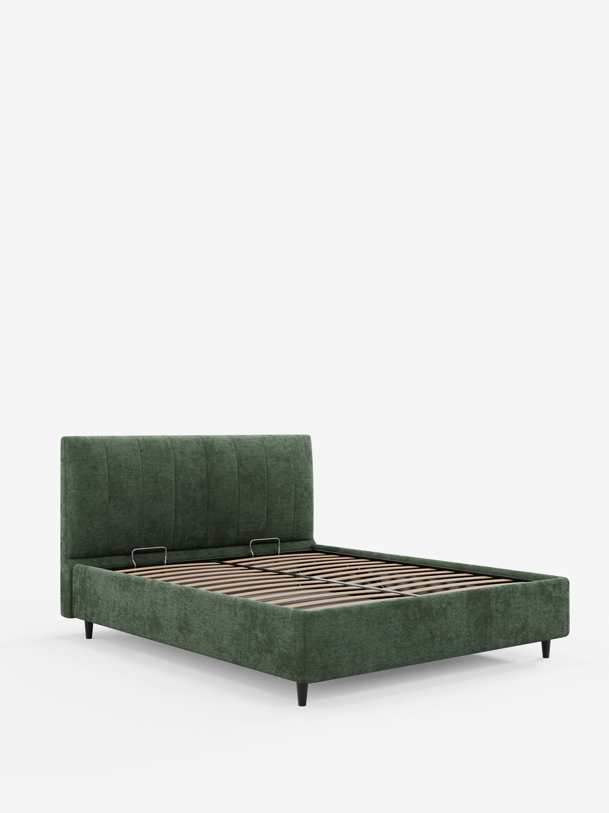 Ecco una versione riscritta della tua frase utilizzando i dati relativi al prodotto e al marchio forniti: Il letto imbottito ONYX con contenitore e testiera verticale in tessuto certificato Oeko-Tex® di Letti.store è un moderno letto imbottito ecologico caratterizzato da una testiera bassa e rettangolare con dettagli di cuciture verticali, che richiamano il design italiano contemporaneo. Questo letto moderno è dotato di doghe in legno e gambe corte nere. Non sono visibili né il materasso né la biancheria