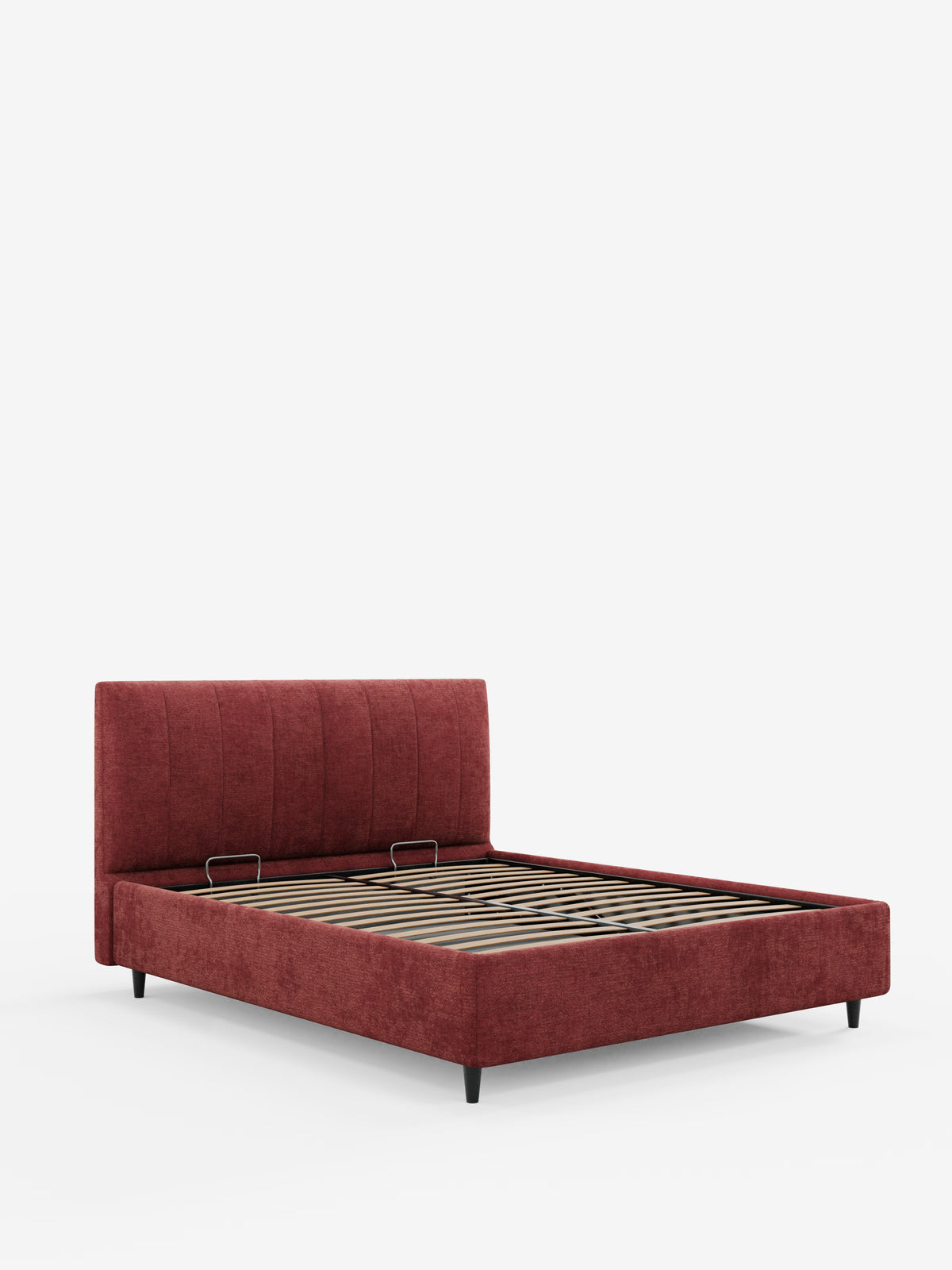 Il letto imbottito ONYX con contenitore e testiera verticale in tessuto certificato Oeko-Tex® di Letti.store è una moderna struttura letto queen-size dal design elegante e dal profilo basso. Rivestito in un ricco tessuto rosso, questo letto presenta un'ampia testiera imbottita con eleganti cuciture verticali che ne esaltano lo stile. Poggia su corte gambe nere e include doghe in legno a vista; il materasso non è incluso.