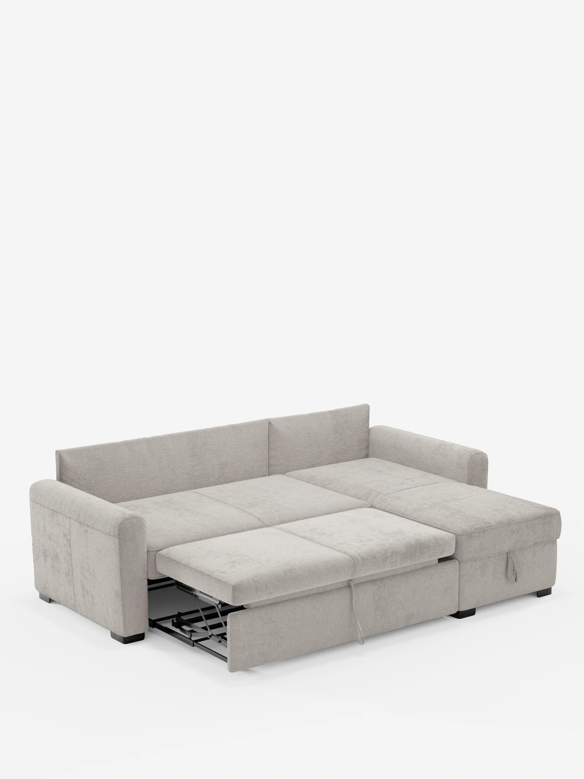 Un divano letto Ottaviano con letto estraibile, penisola reversibile e contenitore in tessuto materico smacchiabile color grigio chiaro, dotato di meccanismo di estrazione, chaise longue sul lato destro e piedini bassi e massicci su sfondo bianco.