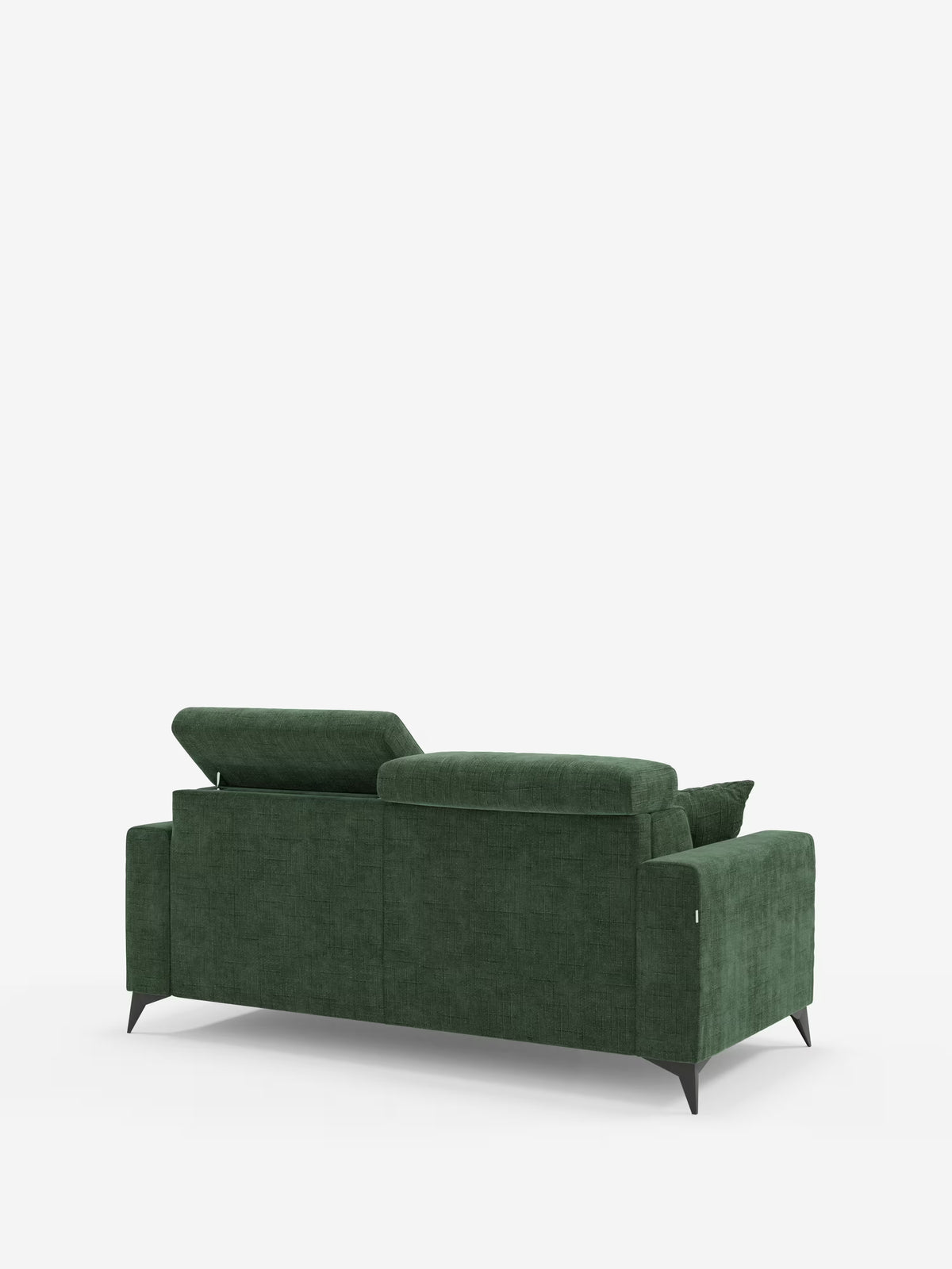 Un divano letto matrimoniale Pegaso di colore verde scuro di Divani.Store, dotato di due poggiatesta regolabili, braccioli bassi e sottili gambe angolate nere, rivestito in tessuto jacquard T22 smacchiabile, ripreso nella vista posteriore su uno sfondo bianco a tinta unita.