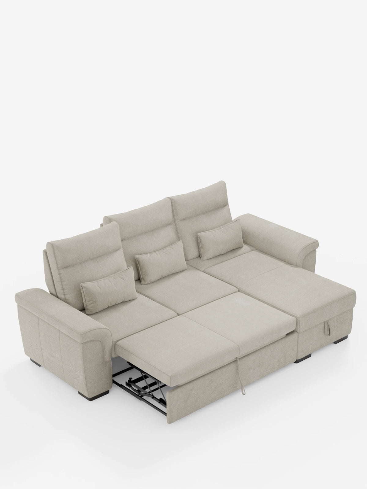 Divano letto angolare “Beige Ischia” con schienali scorrevoli, elemento estraibile e penisola contenitore in tessuto antimacchia misto lino, caratterizzato da una sezione estraibile allungata, una chaise longue e piccoli cuscini rettangolari su sfondo bianco.