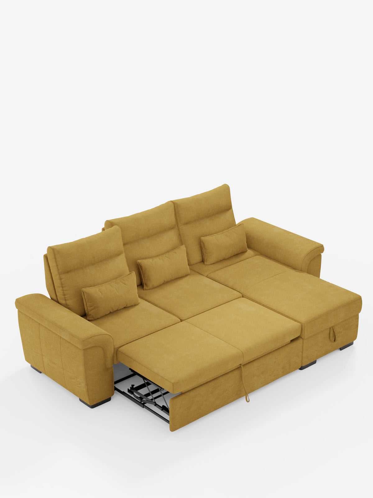 Divano letto angolare “Ischia” color giallo senape con schienali scorrevoli, elemento estraibile e penisola contenitore, caratterizzato da una seduta allungata, una chaise longue, schienali regolabili e tre piccoli cuscini su sfondo bianco.