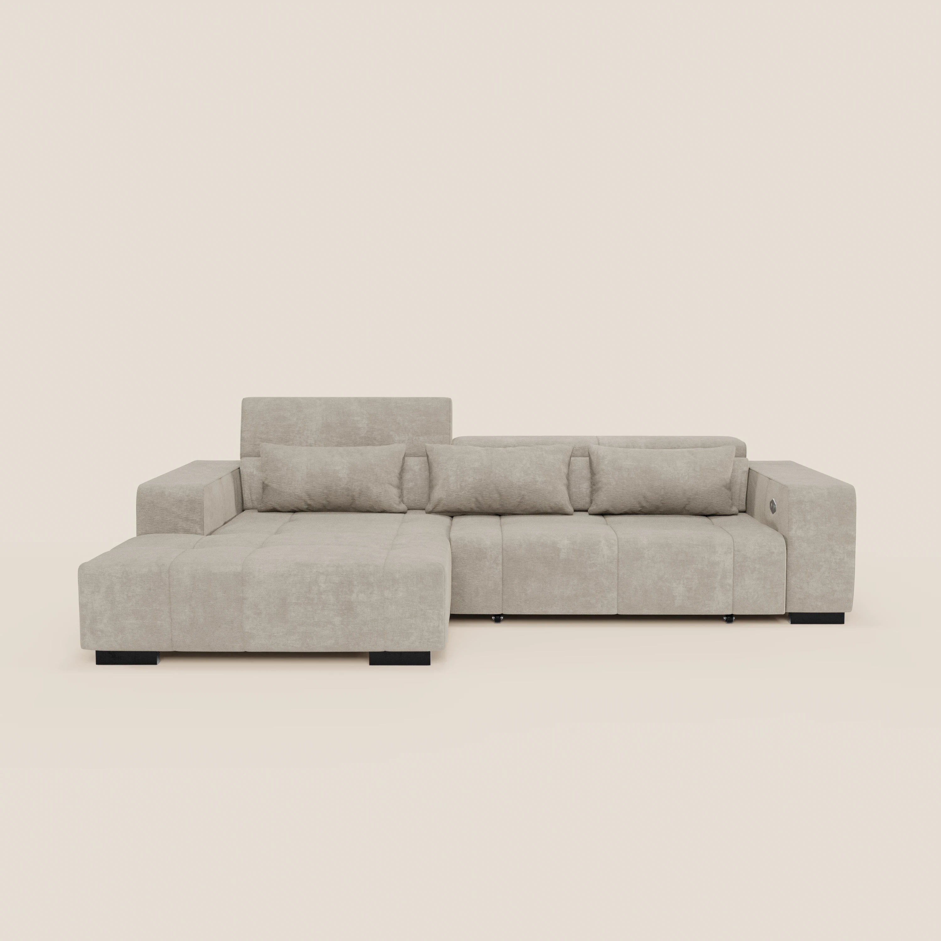Monarch Divano angolare con penisola e Relax Elettrico per allungamento sedute - Poggiatesta Reclinabili in tessuto morbido smacchiabile T31 - divani.store