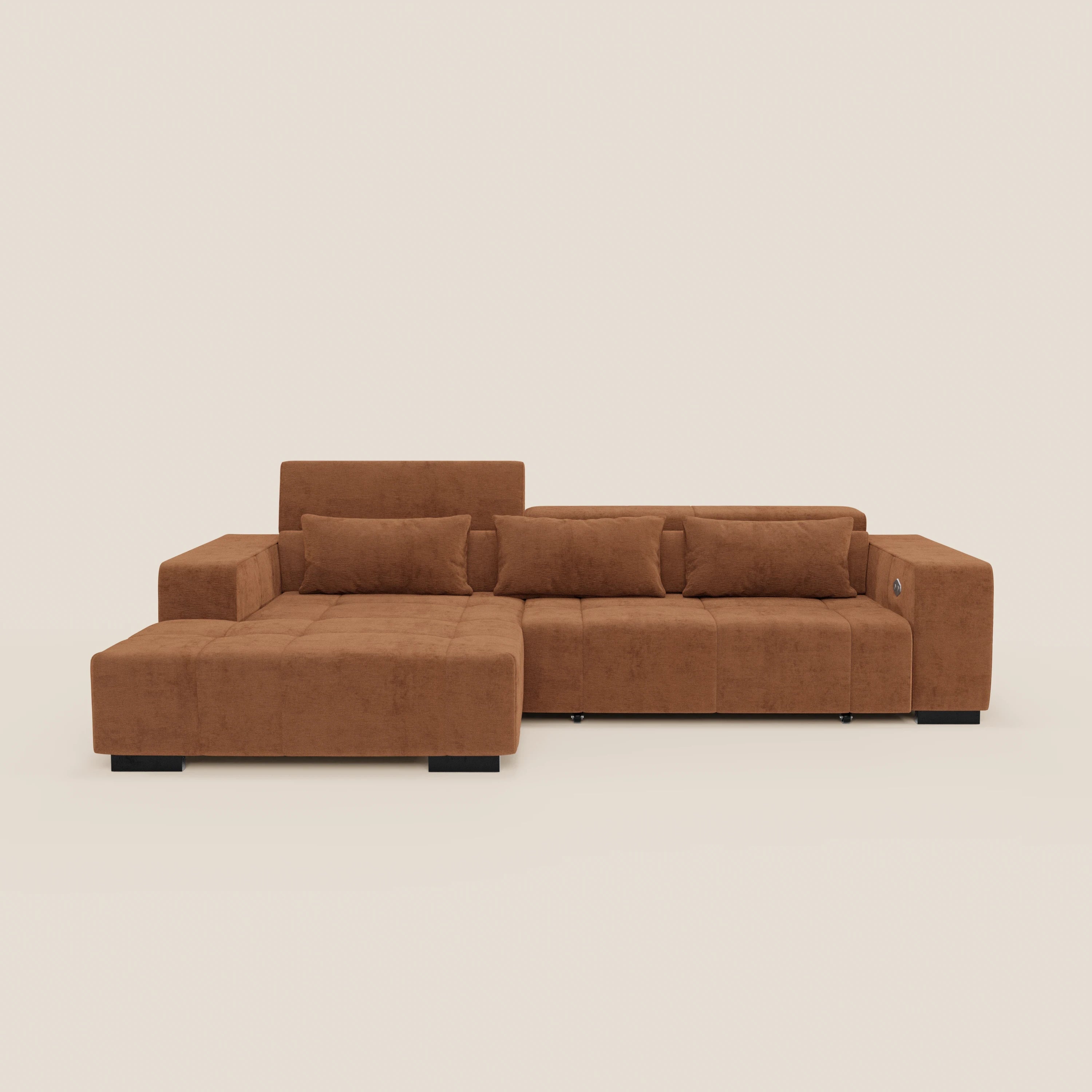 Monarch Divano angolare con penisola e Relax Elettrico per allungamento sedute - Poggiatesta Reclinabili in tessuto morbido smacchiabile T31 - divani.store