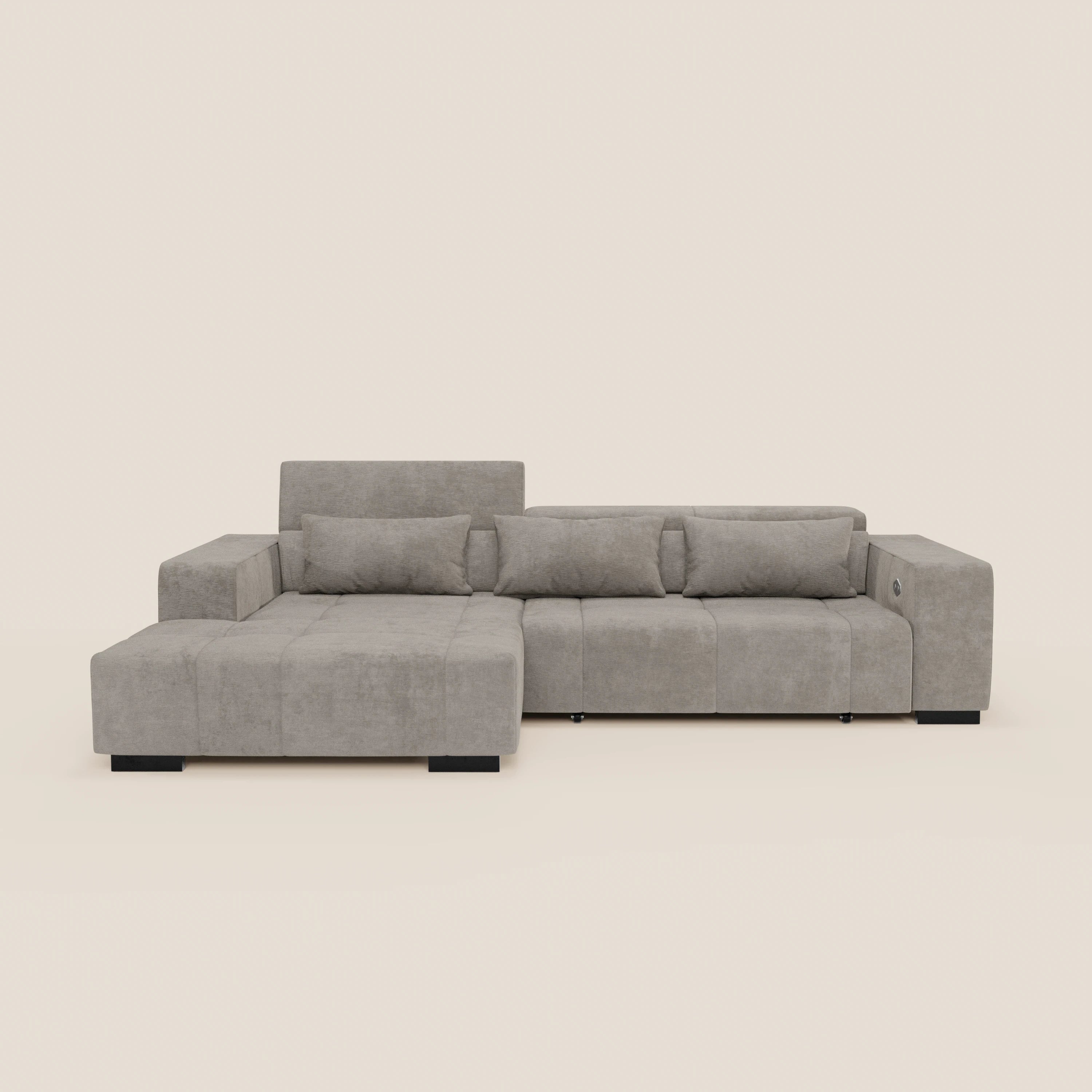 Monarch Divano angolare con penisola e Relax Elettrico per allungamento sedute - Poggiatesta Reclinabili in tessuto morbido smacchiabile T31 - divani.store