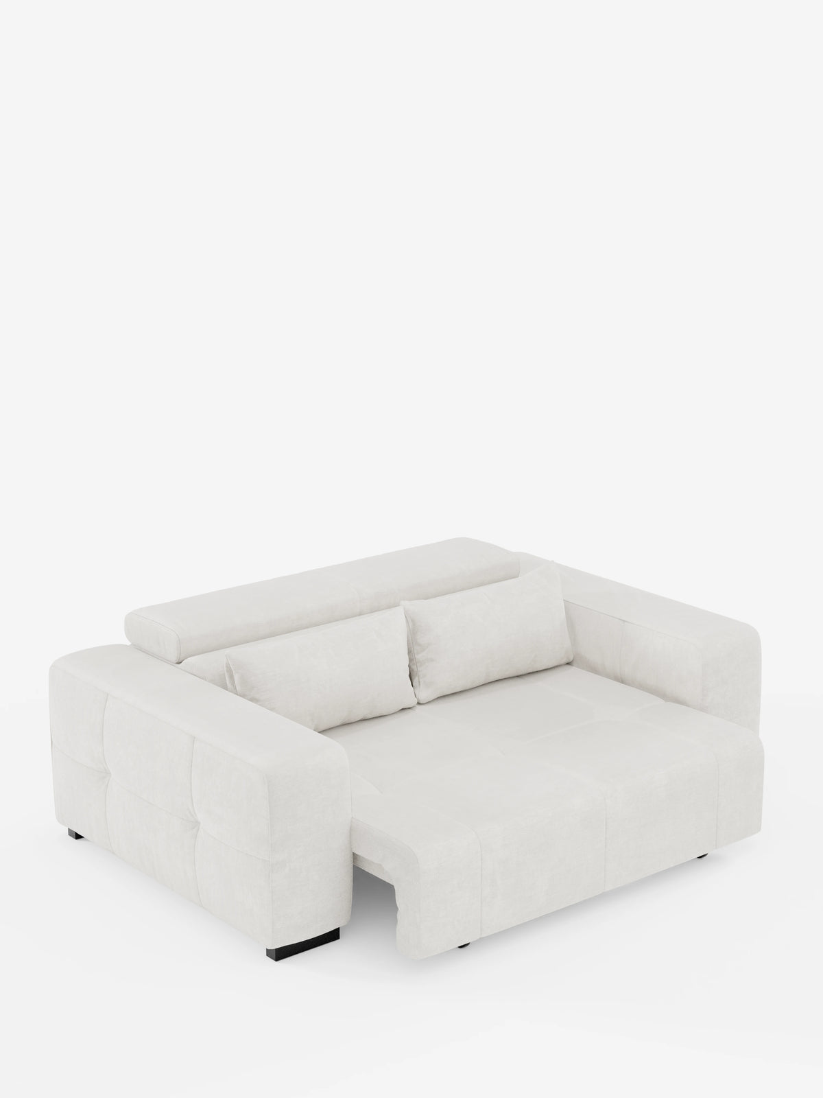 Un divano contemporaneo Monarch con funzione relax elettrica di Divani.Store, rivestito in beige chiaro, caratterizzato da ampi braccioli e schienale reclinabile. Parzialmente aperto per mostrare la sua ampia superficie letto, il divano letto è realizzato in morbido tessuto T31 resistente alle macchie e presenta cuciture trapuntate lungo i lati. In primo piano su uno sfondo bianco a tinta unita.