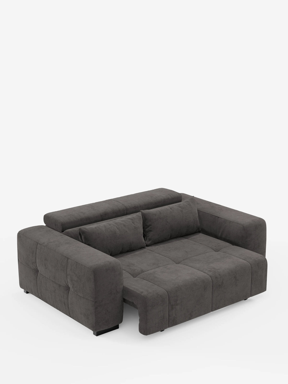 Un divano Monarch contemporaneo in grigio scuro con funzione relax elettrica per l’allungamento delle sedute e poggiatesta reclinabile, rivestito in morbido tessuto smacchiabile T31 di Divani.Store, caratterizzato da ampi braccioli, cuscini soffici e un’ampia sezione lounge distesa, è presentato su uno sfondo bianco a tinta unita. Questo moderno divano componibile sembra trasformabile, consentendo di creare spaziosi posti a sedere o soluzioni per la notte.