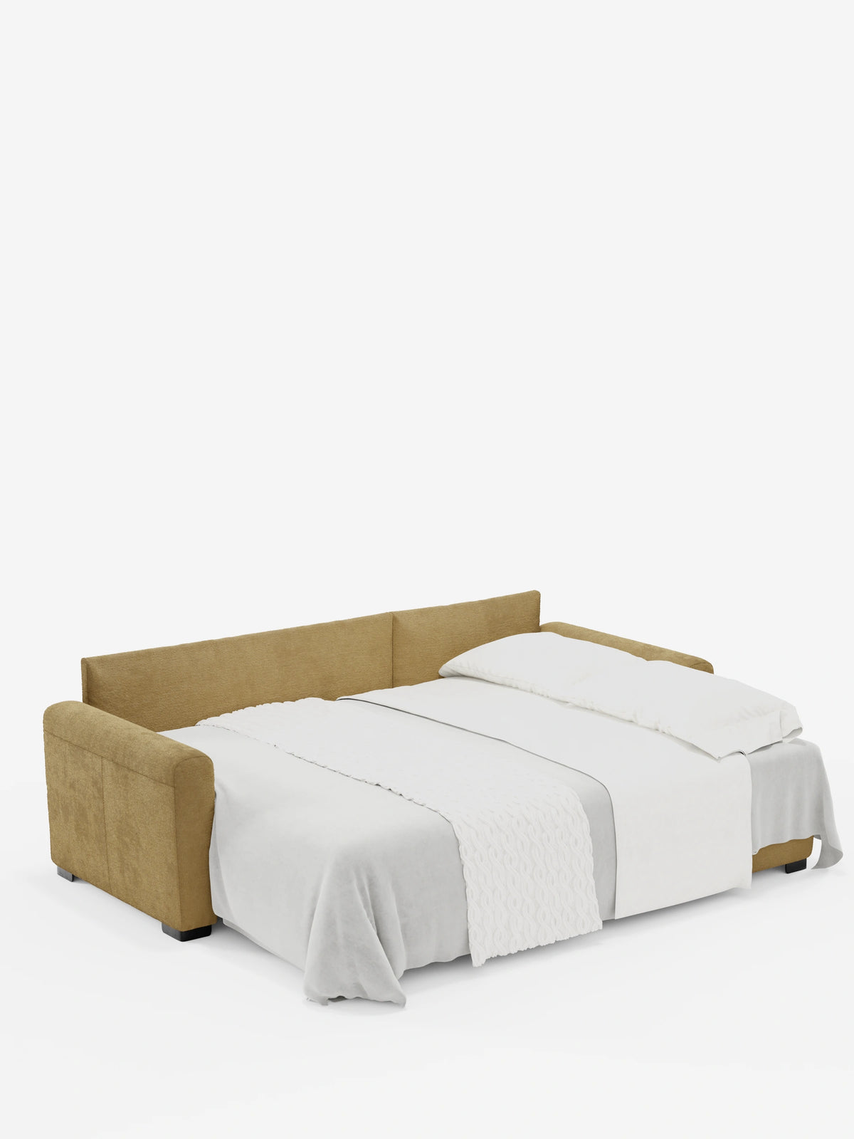 Il divano letto Ottaviano con modulo estraibile – penisola reversibile e contenitore in tessuto materico smacchiabile – è un divano componibile color senape trasformabile in letto, con braccioli squadrati, biancheria da letto bianca e finitura testurizzata su fondo bianco.