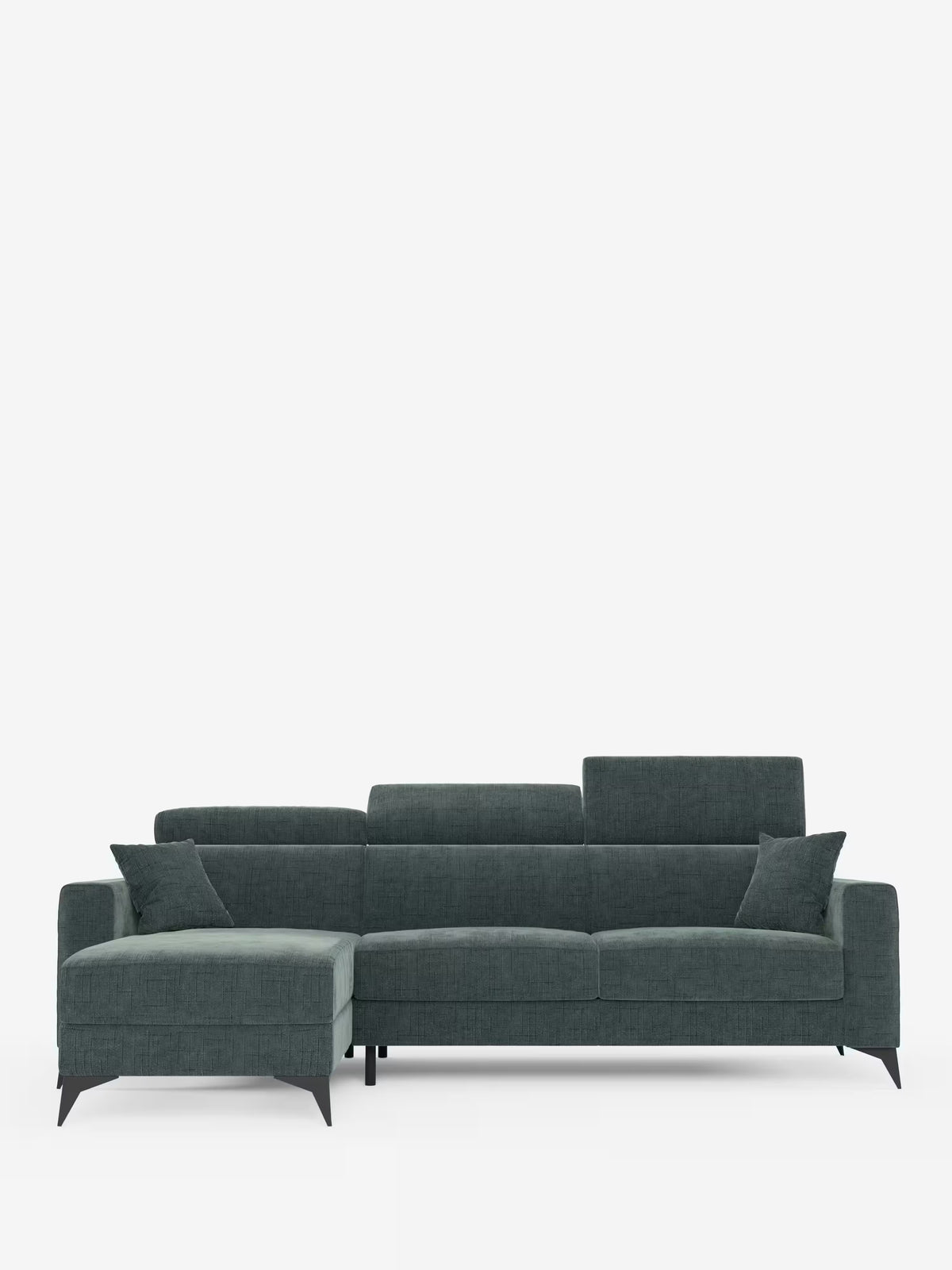 Ecco una versione rielaborata della tua frase utilizzando i dati del prodotto: Il divano letto angolare Pegaso di Divani.Store è un moderno divano componibile a L rivestito in tessuto jacquard verde scuro resistente alle macchie (T22), dotato di tre cuscini di seduta, poggiatesta regolabili e due cuscini quadrati coordinati. È caratterizzato da sottili gambe in metallo nero e include una chaise longue con contenitore sul lato sinistro per riporre comodamente gli oggetti.