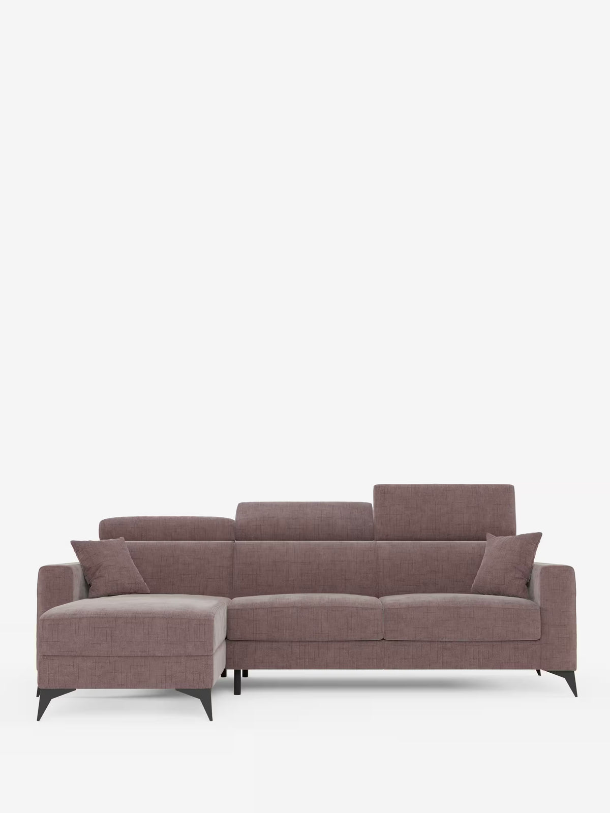 Il divano letto angolare Pegaso di Divani.Store è un moderno divano componibile a L color malva, realizzato in tessuto jacquard T22 antimacchia, dotato di tre cuscini dello schienale, due cuscini coordinati, poggiatesta regolabili ed eleganti gambe angolari nere. Il lato sinistro comprende una chaise longue con vano contenitore (penisola contenitore) per una maggiore funzionalità. Questo divano di grande stile è presentato su uno sfondo bianco a tinta unita.