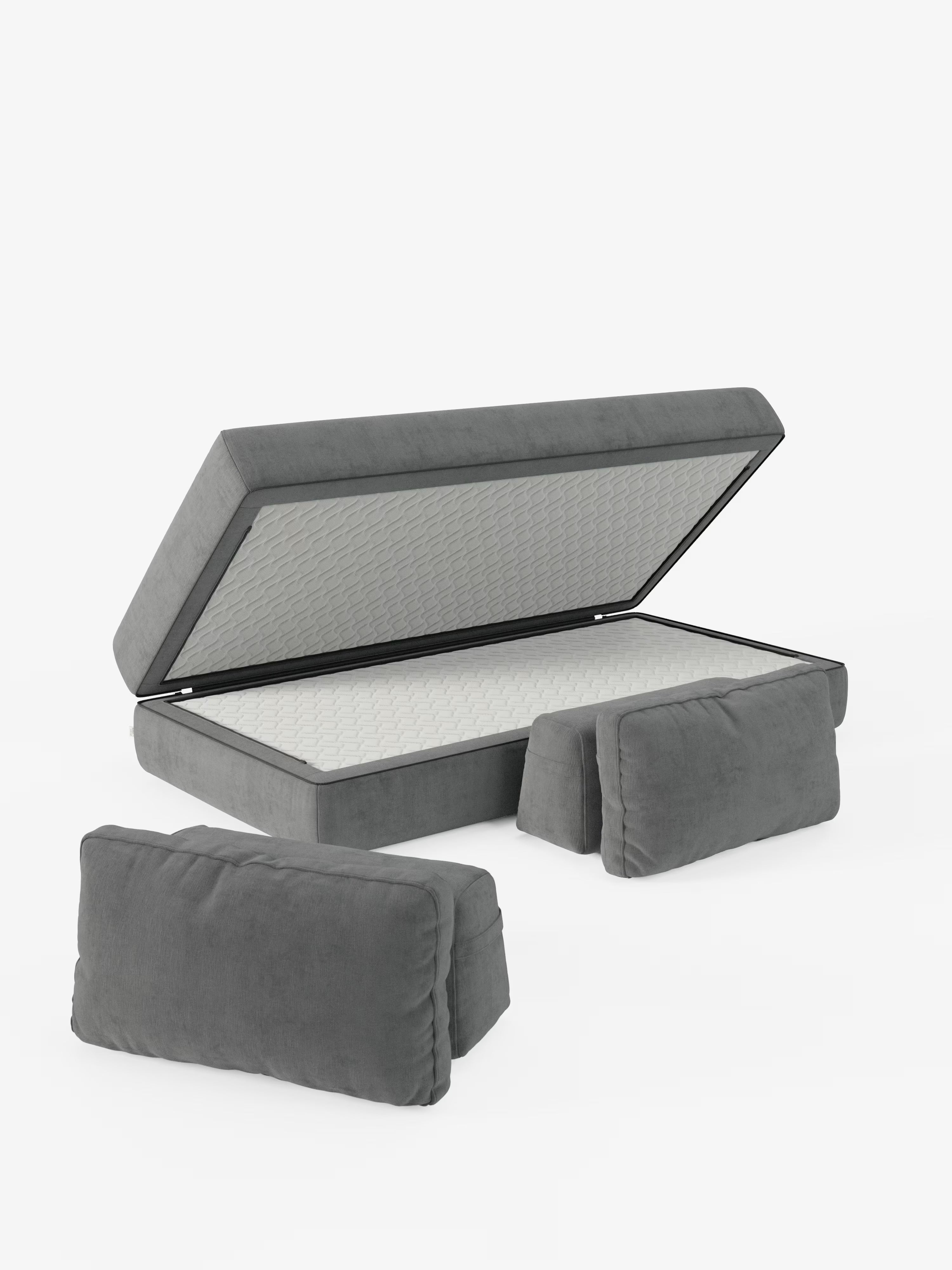 Il divano letto matrimoniale a 2 e 3 posti “Rift” di Divani.Store è raffigurato con la piattaforma del materasso sollevata per rivelare un ampio vano contenitore interno, che lo rende ideale per uno stile di vita versatile. Rivestito in tessuto T31 antimacchia e dotato di un materasso in memory foam alto 24 cm, include due cuscini imbottiti grigi abbinati disposti nella parte anteriore, che risaltano sullo sfondo bianco a tinta unita.