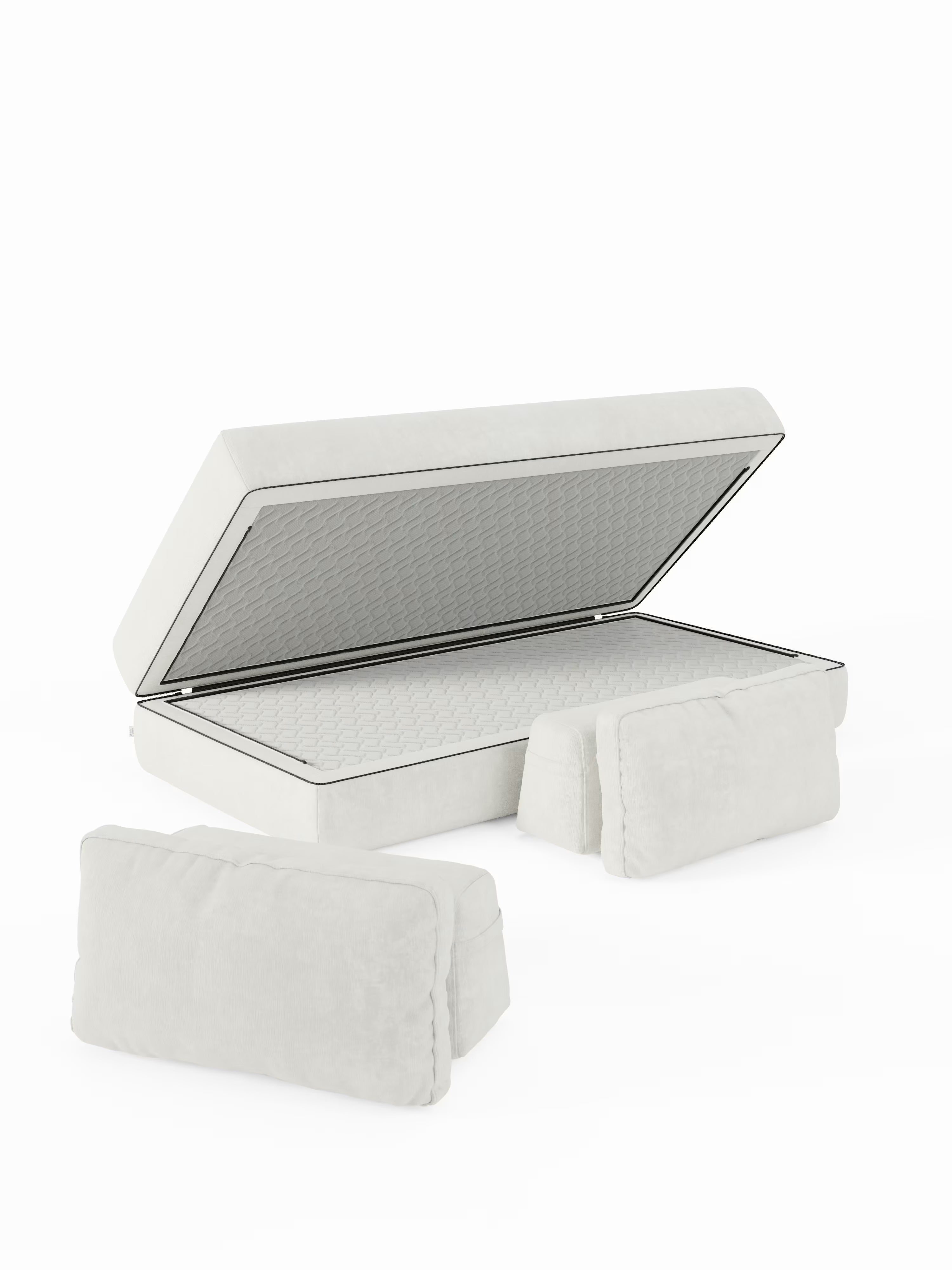 Il divano letto matrimoniale contemporaneo Rift a 2 e 3 posti di Divani.Store, qui presentato nella finitura bianca con schienali mobili, presenta la piattaforma del materasso sollevata per mettere in risalto un ampio vano contenitore interno. Due cuscini rettangolari bianchi sono posizionati nella parte anteriore, completando il design minimalista e pulito che ricorda i divani di alta gamma. Il letto include un materasso in memory foam dello spessore di 24 cm, rivestito in tessuto T31 facile da pulire.
