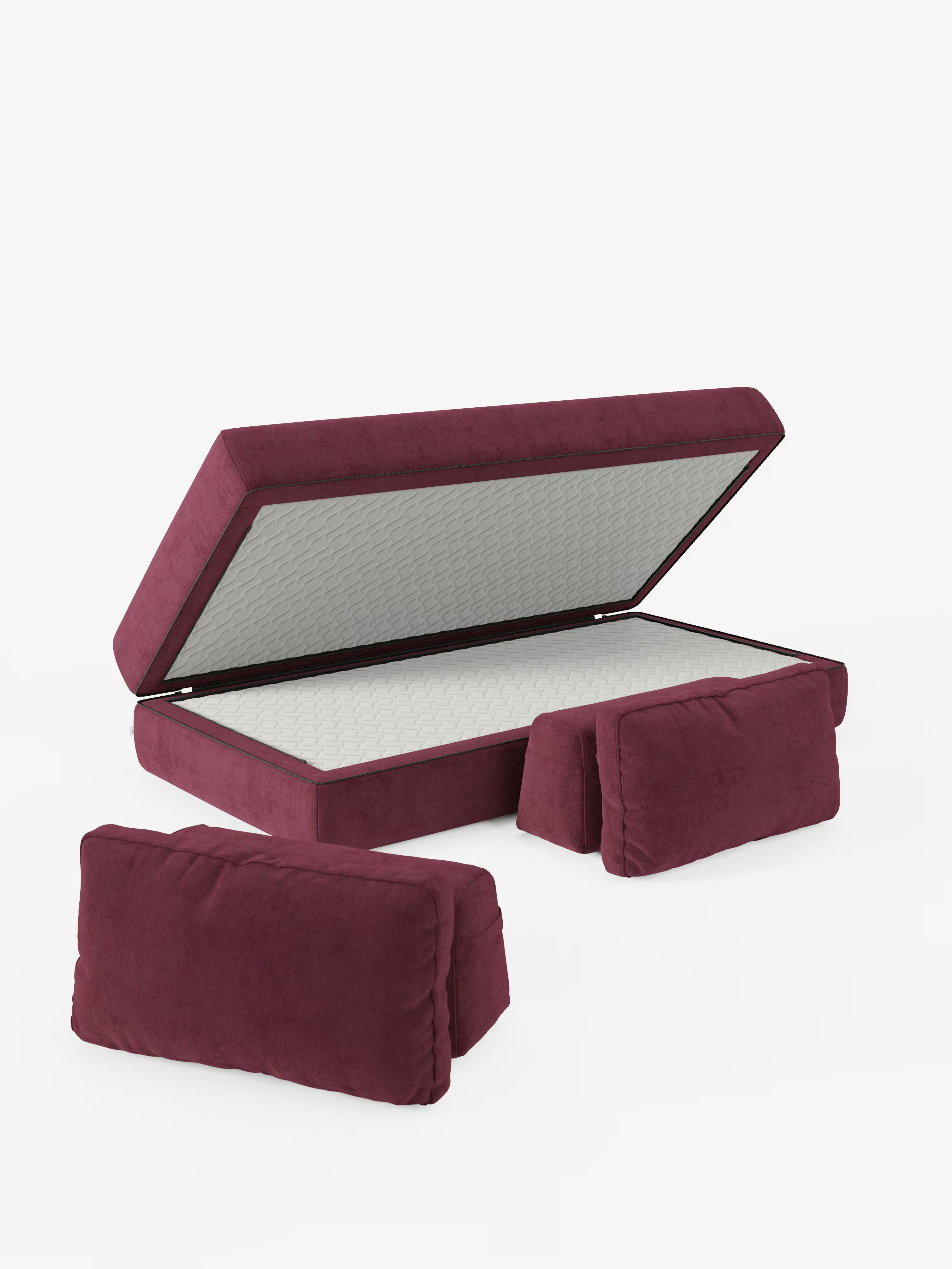 Un divano letto matrimoniale Rift color bordeaux, disponibile nelle versioni a 2 e 3 posti con schienali mobili – materasso alto 24 cm e memory foam rivestito in tessuto lavabile T31 di Divani.Store – è raffigurato con la parte superiore incernierata aperta per rivelare lo spazio di stivaggio interno, accompagnato da due cuscini coordinati color bordeaux disposti davanti. Lo sfondo bianco a tinta unita mette in risalto il colore raffinato e lo stile contemporaneo di questo divano di design.