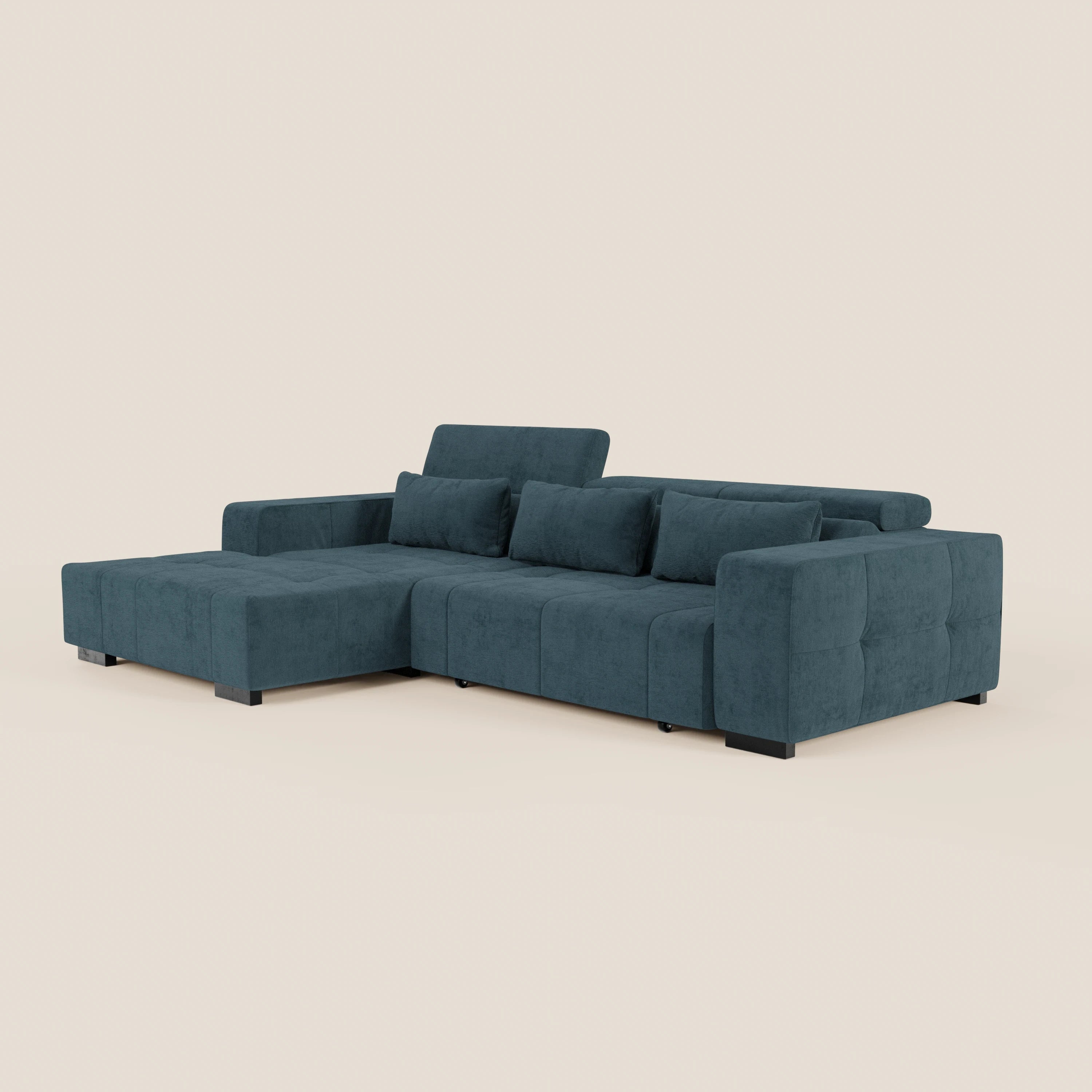 Monarch Divano angolare con penisola e Relax Elettrico per allungamento sedute - Poggiatesta Reclinabili in tessuto morbido smacchiabile T31 - divani.store