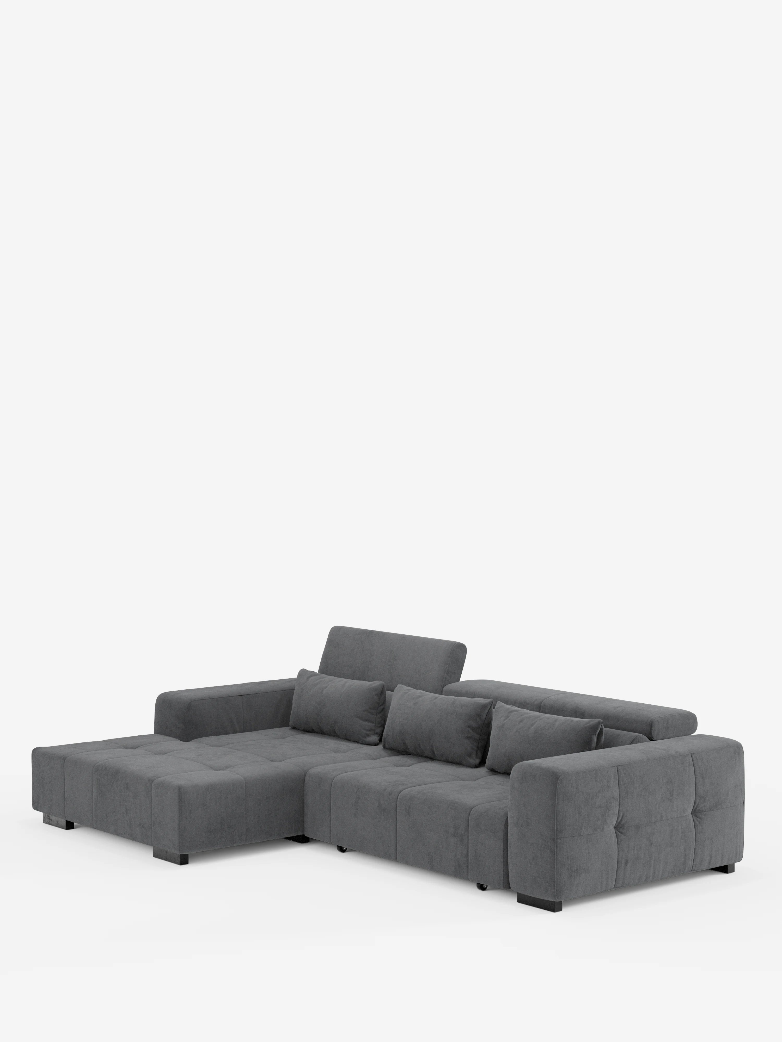 Il divano angolare Monarch con penisola e sistema Relax elettrico per l’allungamento delle sedute di Divani.Store è un divano componibile contemporaneo a forma di L, di colore grigio scuro, caratterizzato da ampi braccioli e schienali bassi. Rivestito in morbido tessuto T31 resistente alle macchie, è dotato di tre cuscini schienali, cuscini laterali coordinati e poggiatesta reclinabili regolabili per un maggiore comfort. Il divano presenta gambe corte nere ed è esposto su uno sfondo bianco a tinta unita.