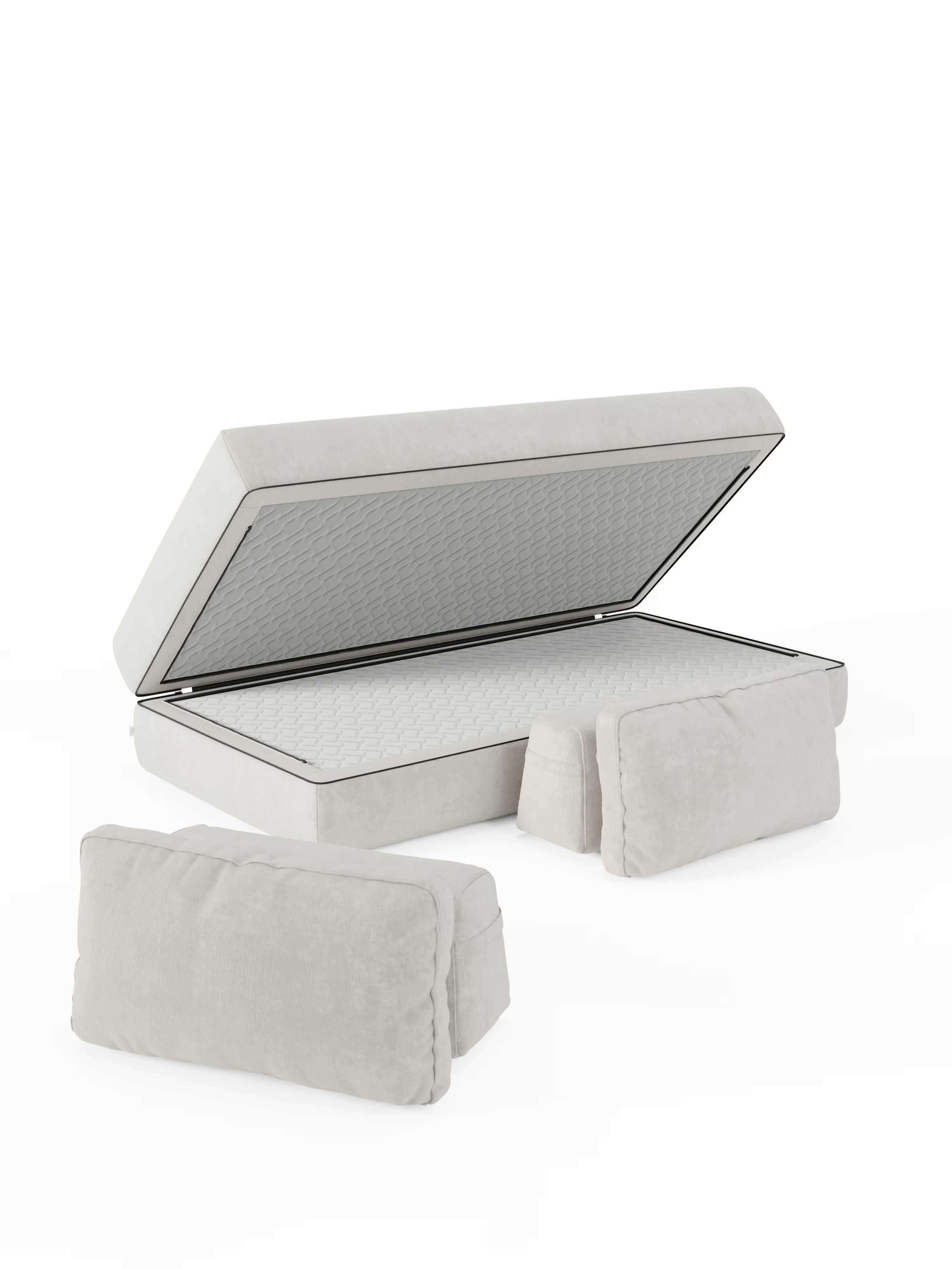 Il divano letto matrimoniale Rift color beige di Divani.Store è dotato di un ampio vano contenitore sotto il letto, accessibile sollevando la base del materasso, ideale per riporre biancheria extra o il materasso in memory foam T31 alto 22 cm incluso. Due cuscini rettangolari coordinati, probabilmente schienali o elementi della pediera rimovibili, sono posizionati davanti al letto su uno sfondo bianco.