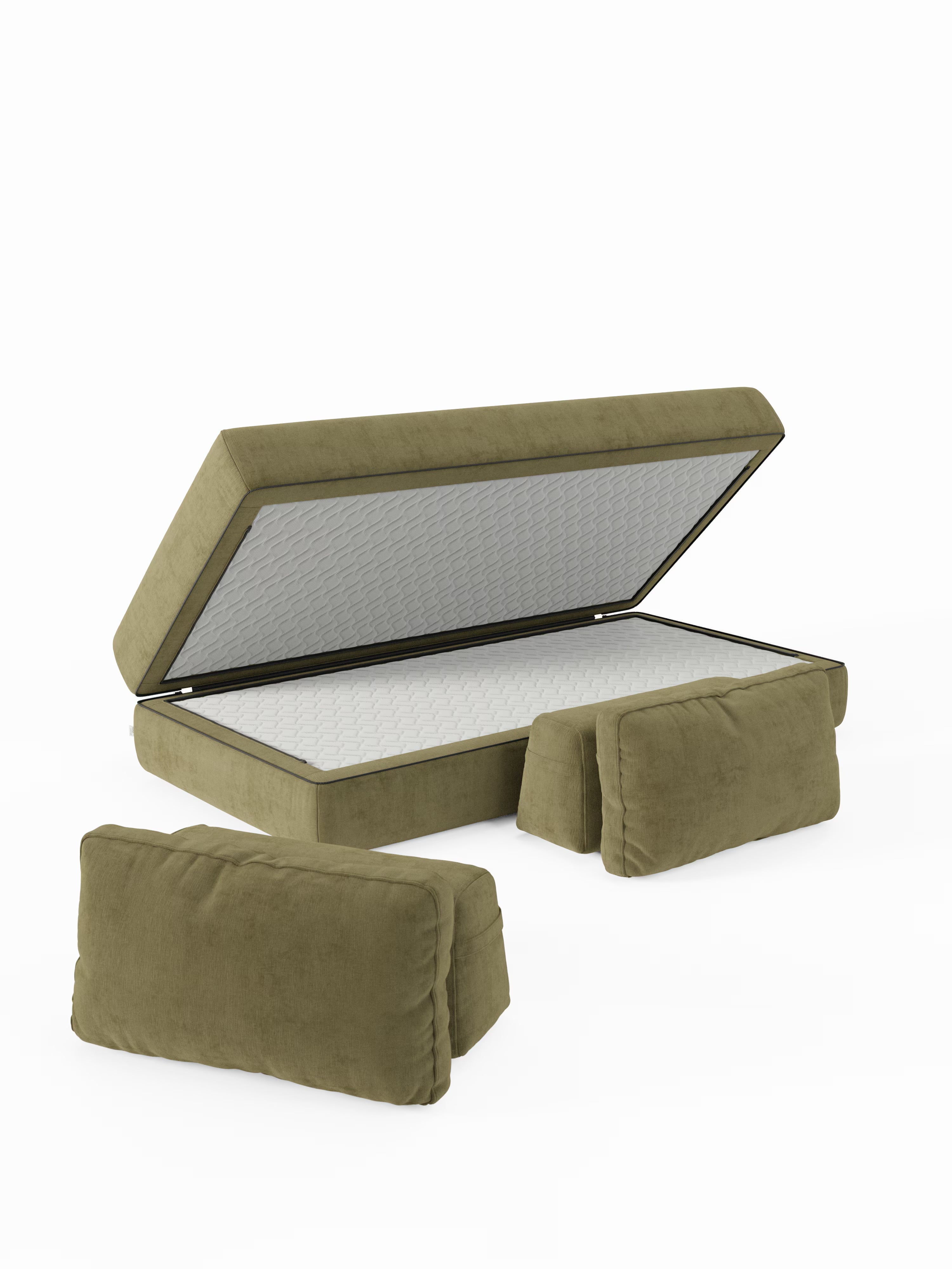 Un moderno letto contenitore rivestito in tessuto verde di Divani.Store, il divano letto matrimoniale Rift da 2 e 3 posti, è dotato di uno sportello incernierato che rivela una base bianca progettata per ospitare il suo materasso in memory foam T31, alto 22 cm. Davanti al letto, due elementi imbottiti verdi abbinati offrono stile e funzionalità, richiamando il fascino contemporaneo di un divano letto moderno.