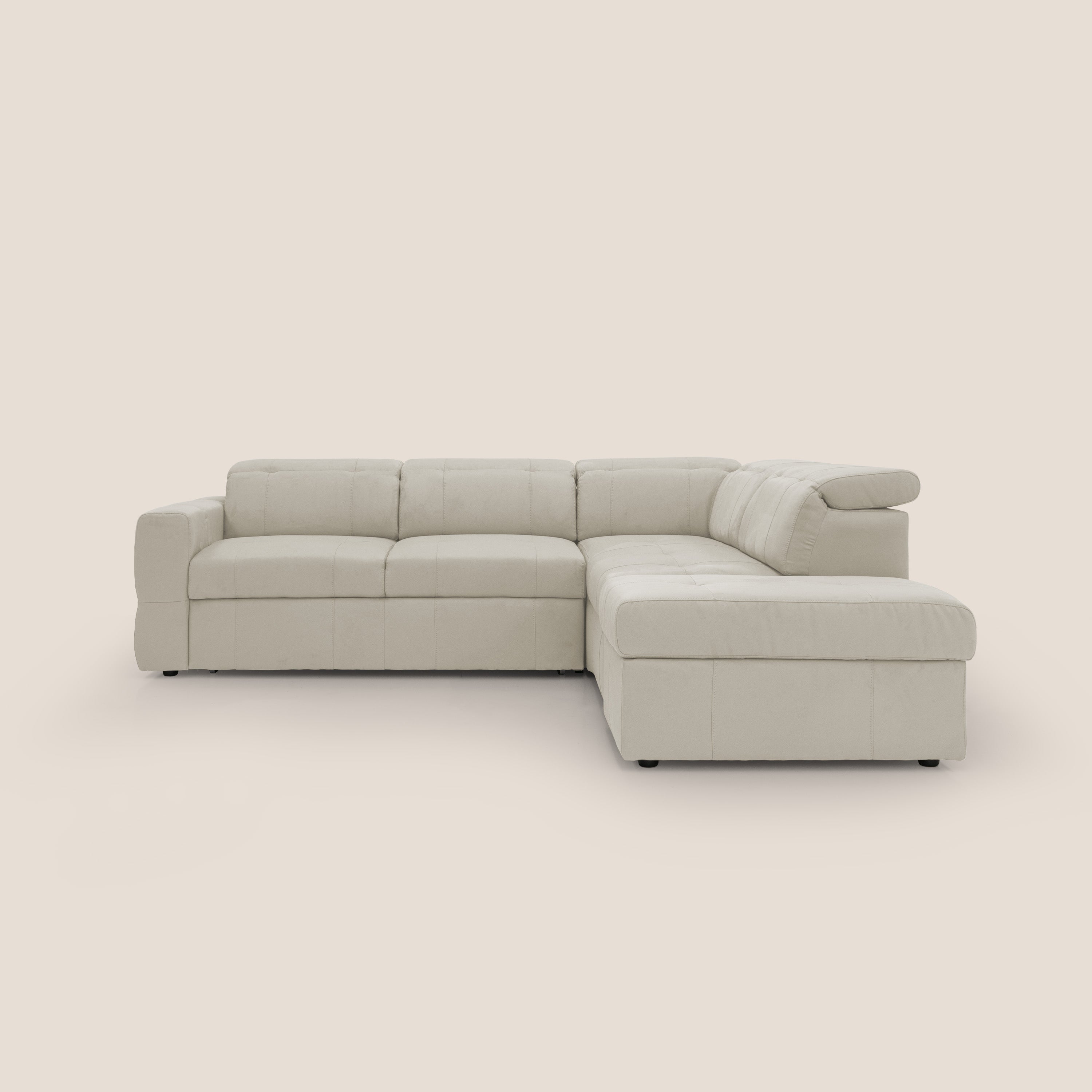 Kronos Divano angolare con poggiapiedi estraibile e pouf contenitore mobile in microfibra impermeabile T11 panna - divani.store