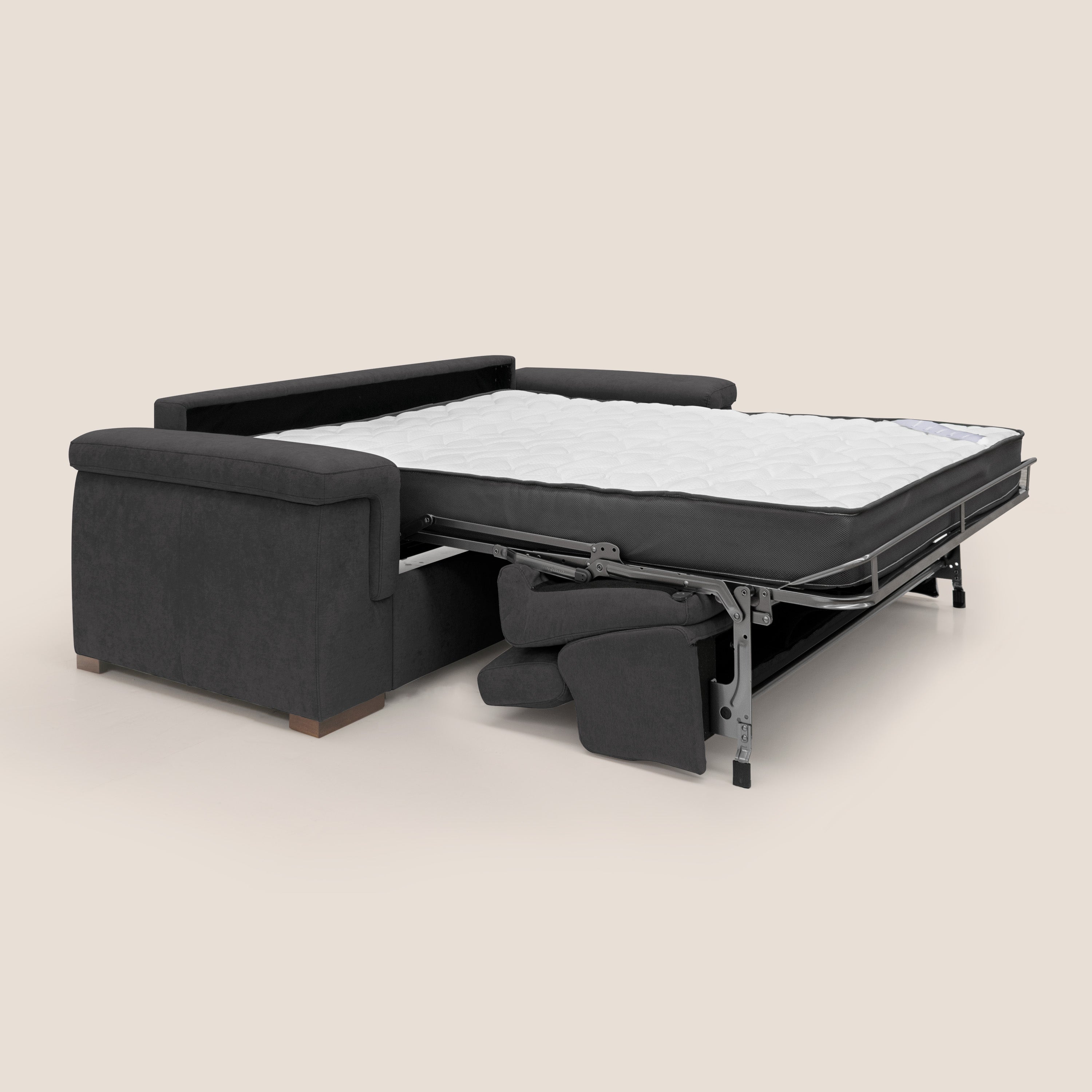 Giunone divano letto con materasso alto 18 cm e poggiatesta reclinabili in tessuto impermeabile T02 nero - divani.store