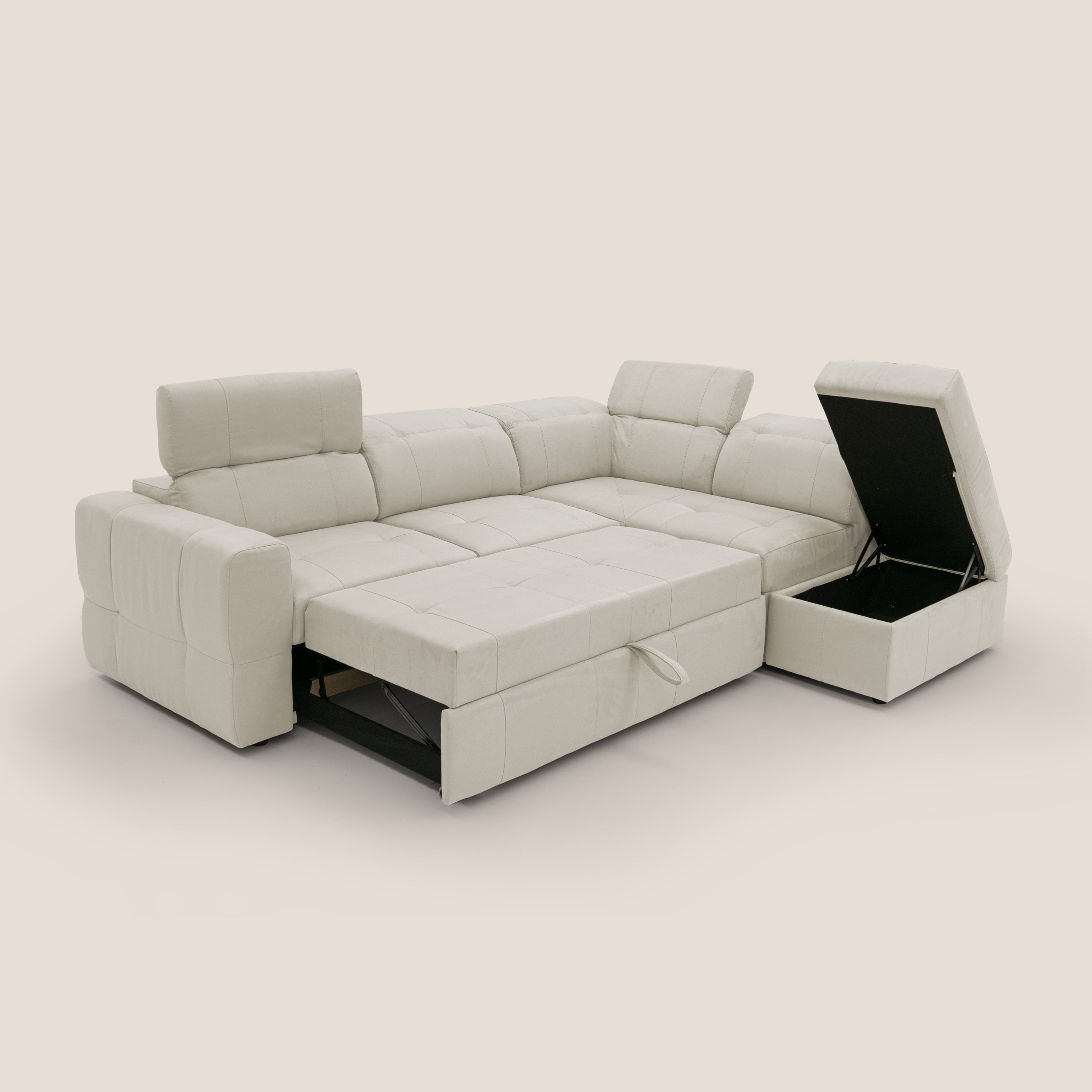 Kronos Divano angolare con poggiapiedi estraibile e pouf contenitore mobile in microfibra impermeabile T11 panna - divani.store