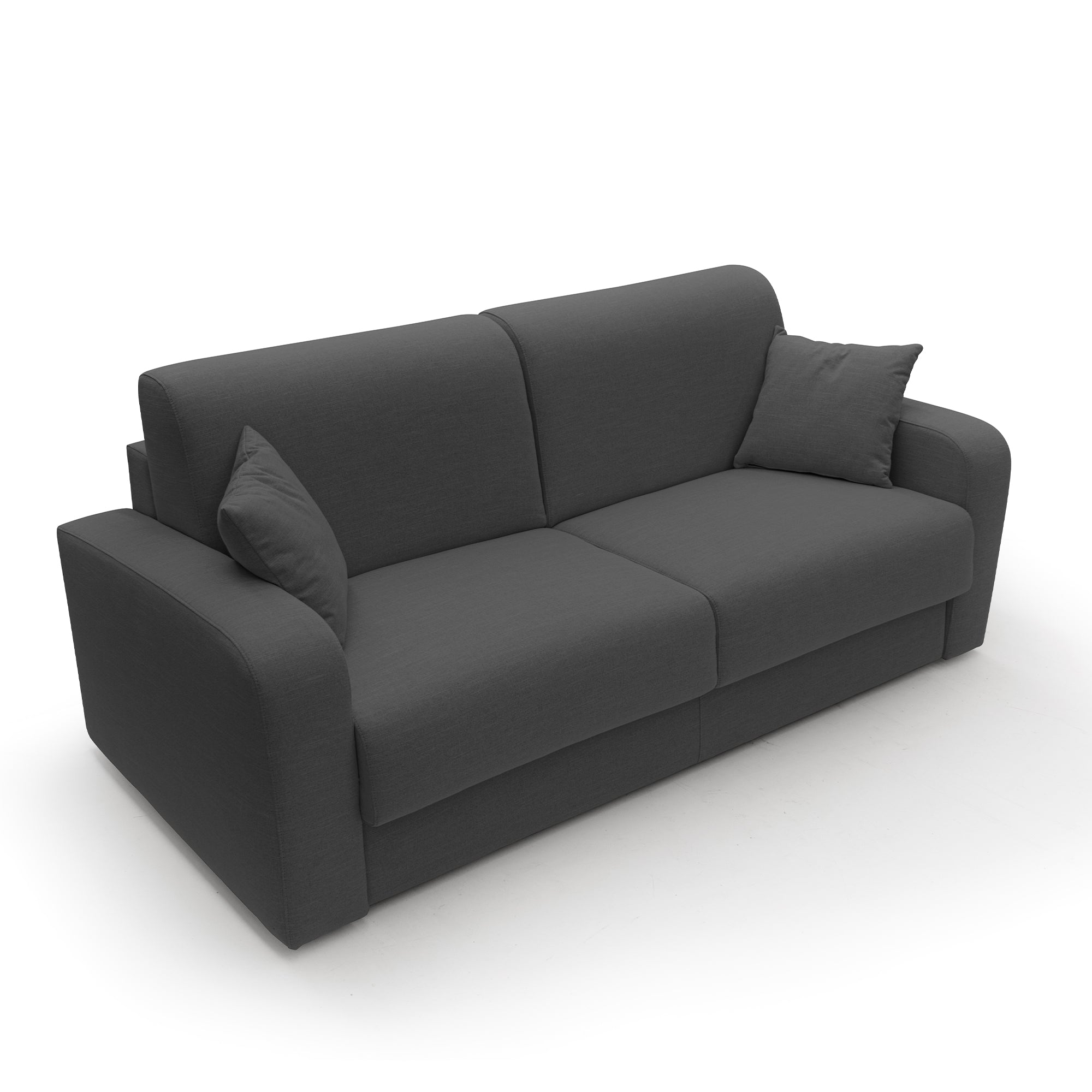 Il divano letto matrimoniale Lebron di Divani.Store è un moderno divano letto italiano, largo 176 cm (con materasso da 120x197 cm), rivestito in tessuto antracite ecosostenibile. Presentato su uno sfondo bianco, è caratterizzato da ampi braccioli, due cuscini di seduta, due cuscini di schienale e due cuscini decorativi abbinati. Il suo design contemporaneo e minimalista si distingue per i bordi morbidi e arrotondati e per una struttura realizzata nel rispetto dell’ambiente.