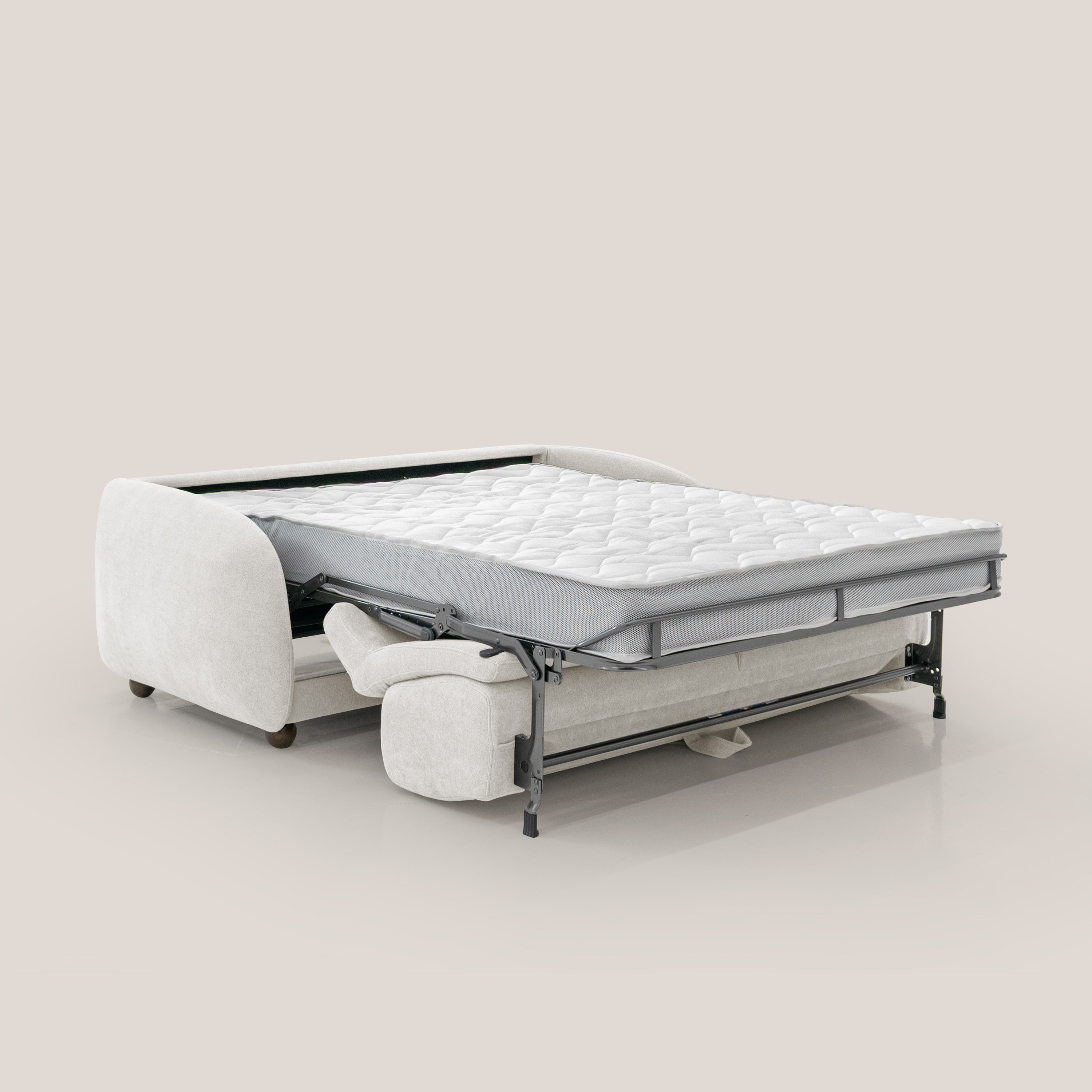 Giglio divano letto scandinavo japandi con materasso H18 cm in tessuto Bouclé impermeabile T07 bianco - divani.store