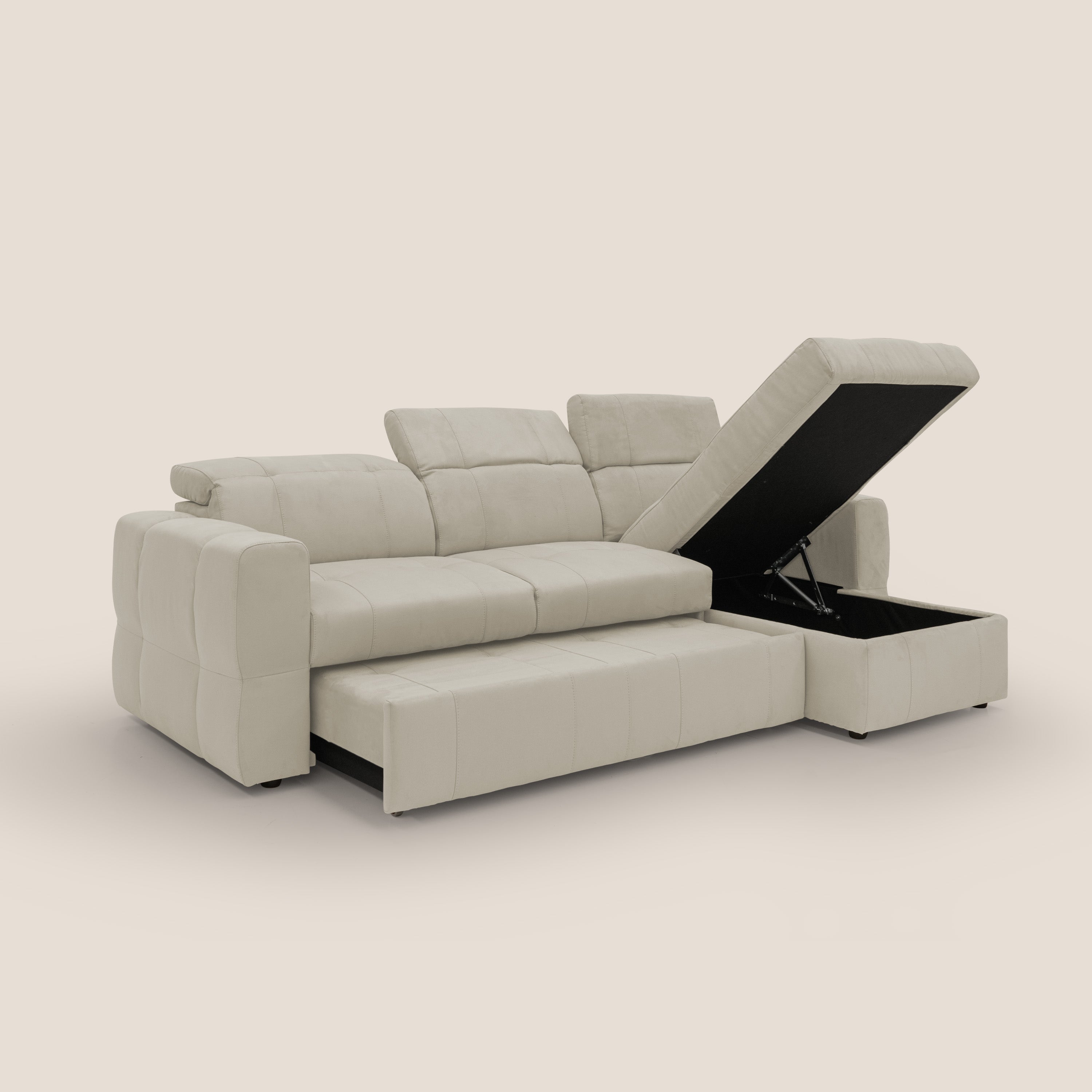 Kronos Divano angolare con pouf estraibile e penisola contenitore in microfibra impermeabile T11 panna - divani.store