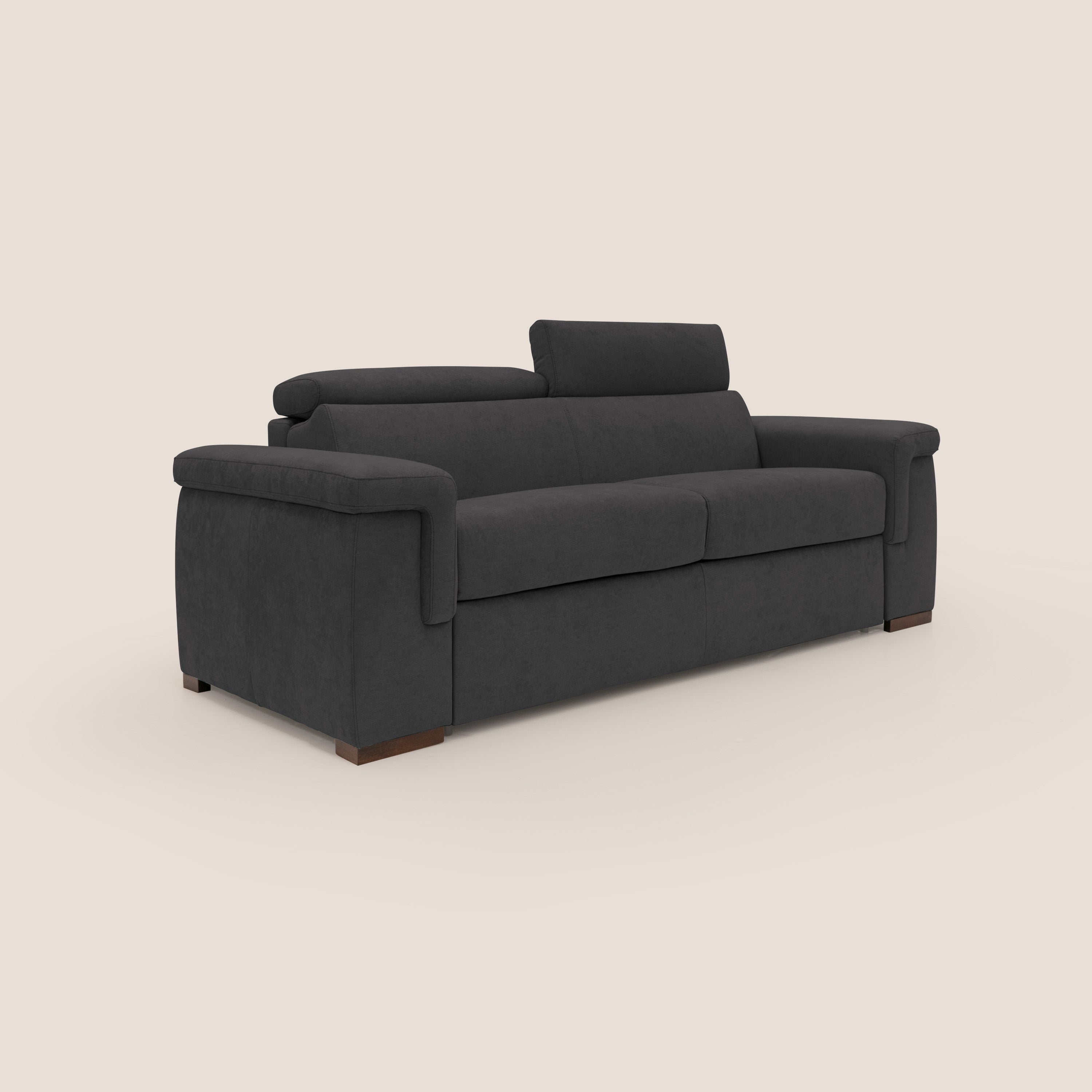 Giunone divano letto con materasso alto 18 cm e poggiatesta reclinabili in tessuto impermeabile T02 nero - divani.store