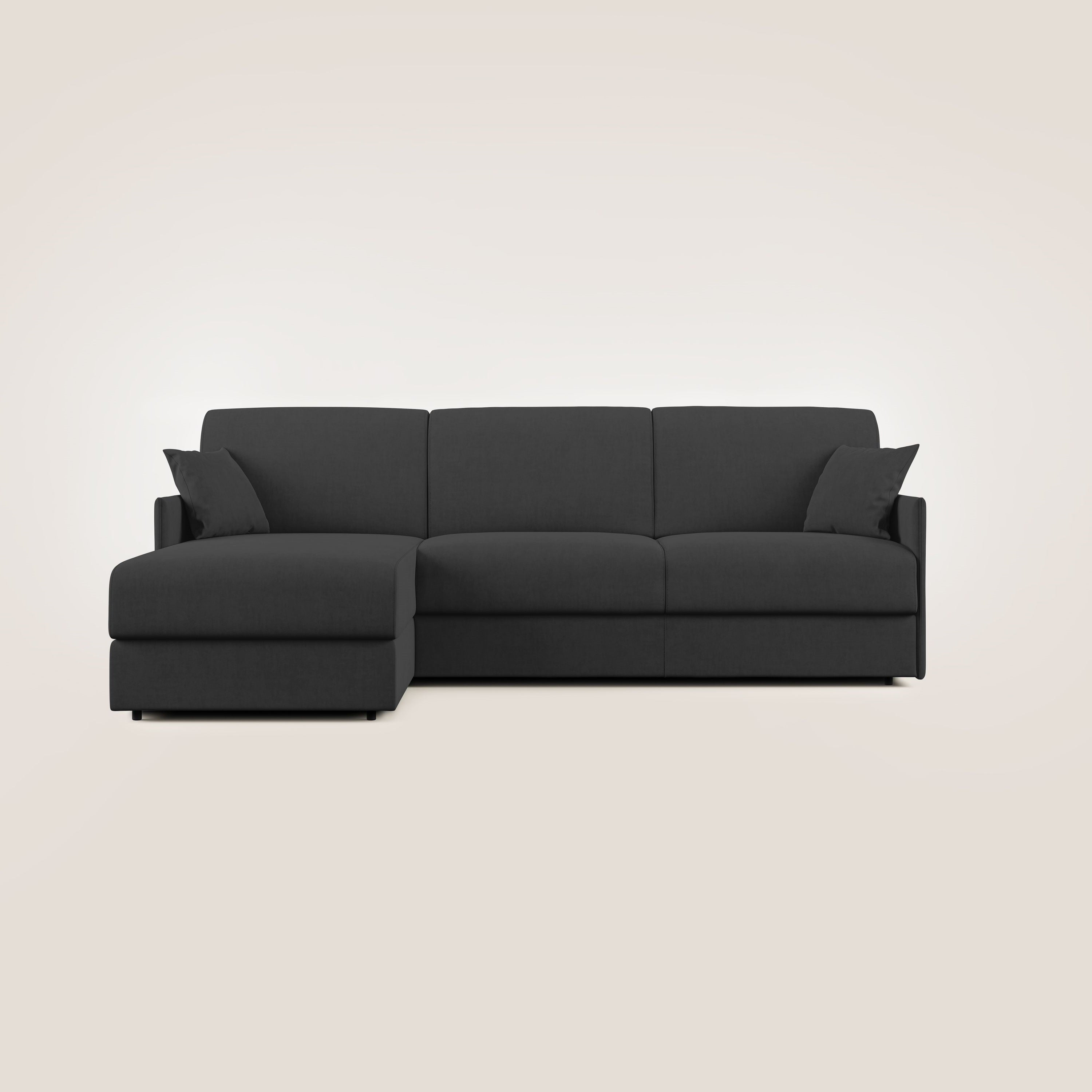 Evans Divano letto angolare con penisola in morbido tessuto impermeabile T02 nero - divani.store