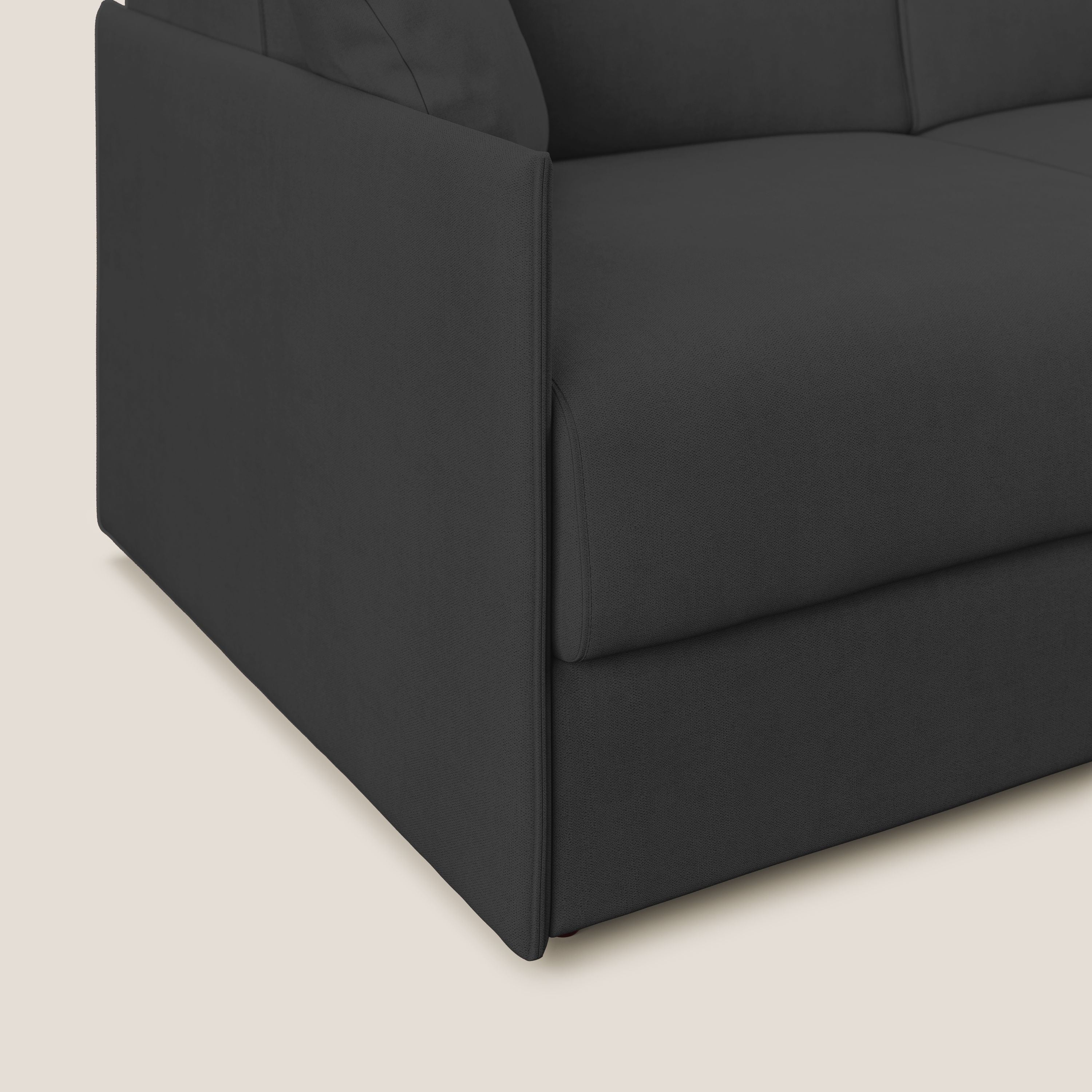 Evans Divano letto angolare con penisola in morbido tessuto impermeabile T02 nero - divani.store
