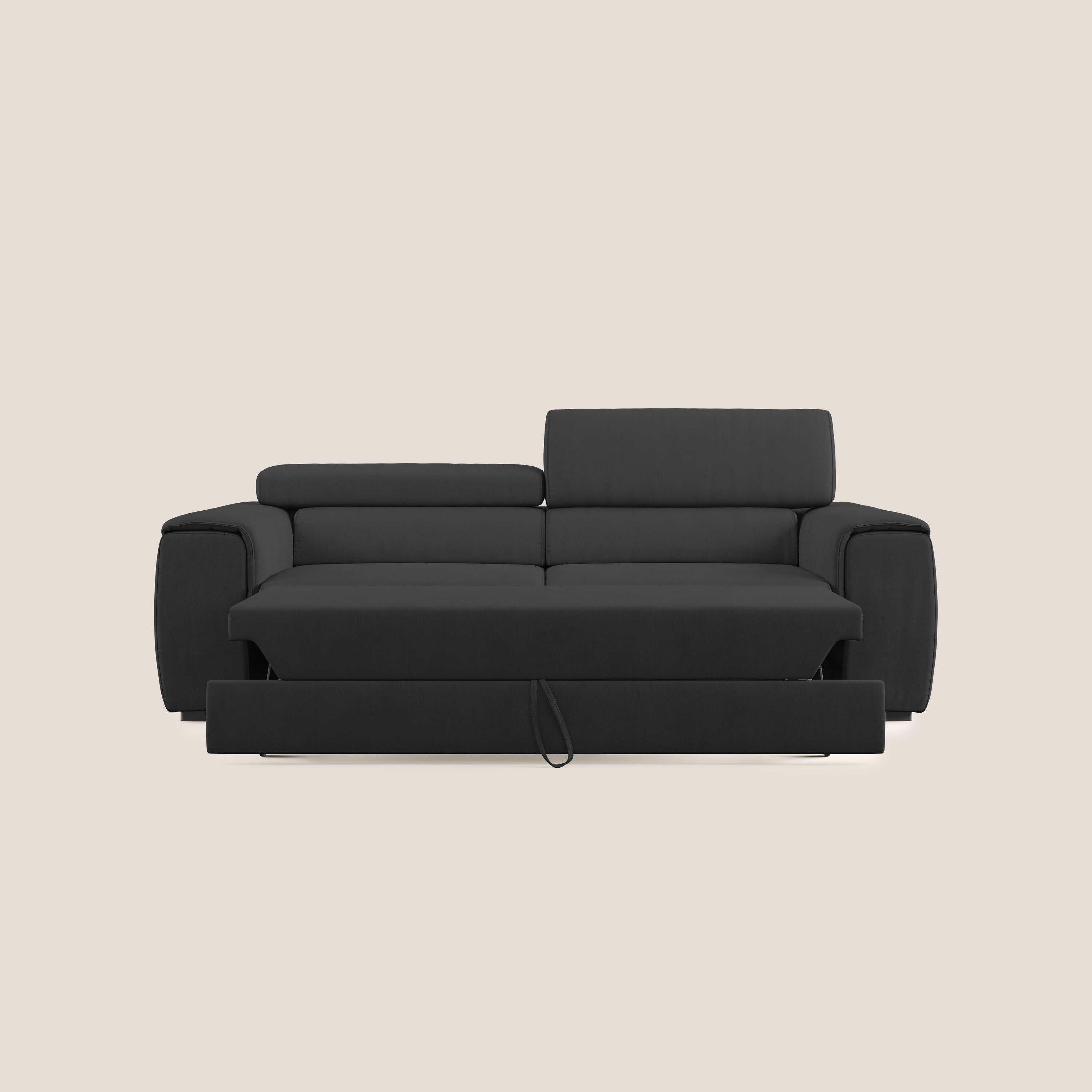 Zeno Divano con pouf estraibile poggiapiedi in tessuto morbido impermeabile T02 nero - divani.store