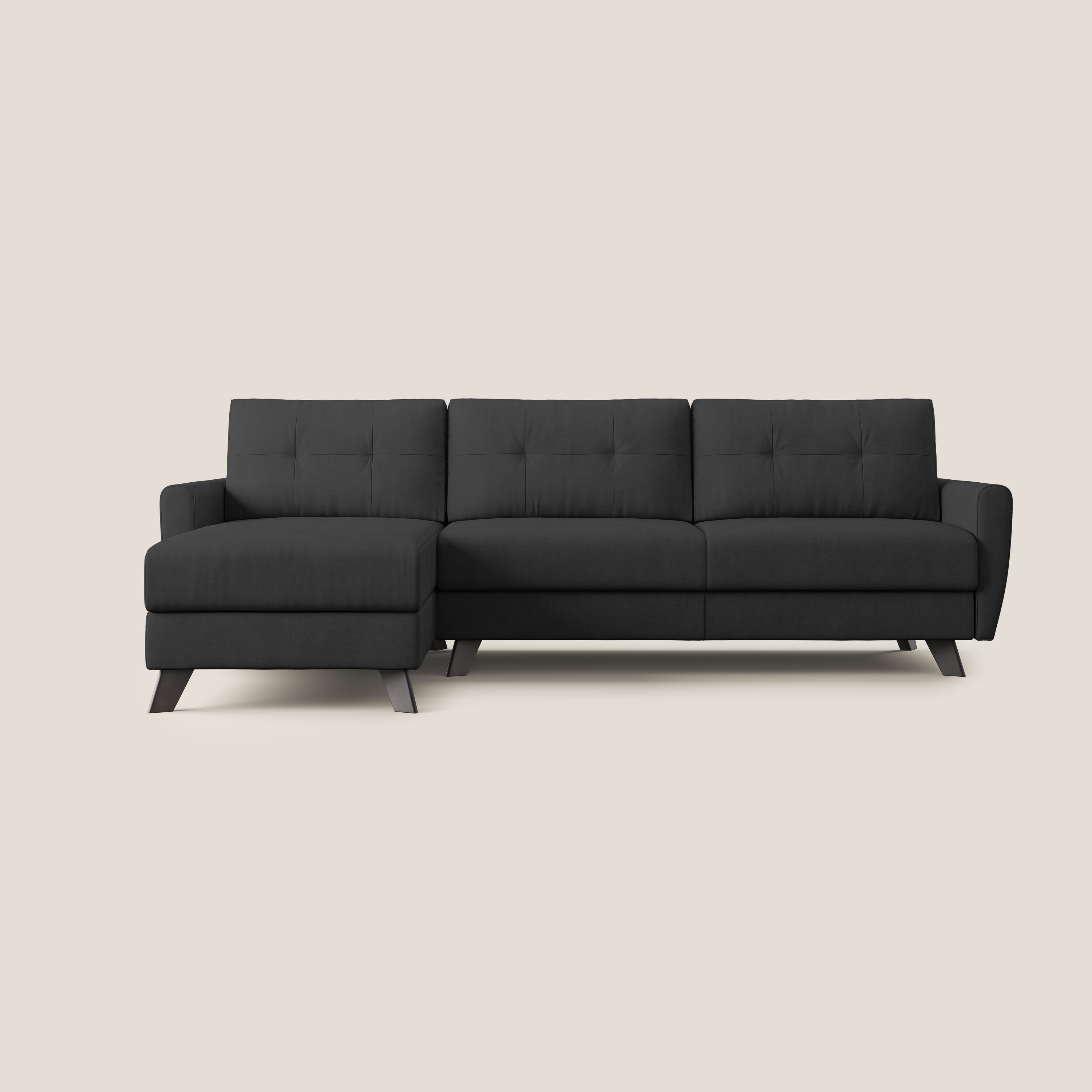 Callisto Divano letto angolare con penisola in tessuto morbido impermeabile T02 nero - divani.store