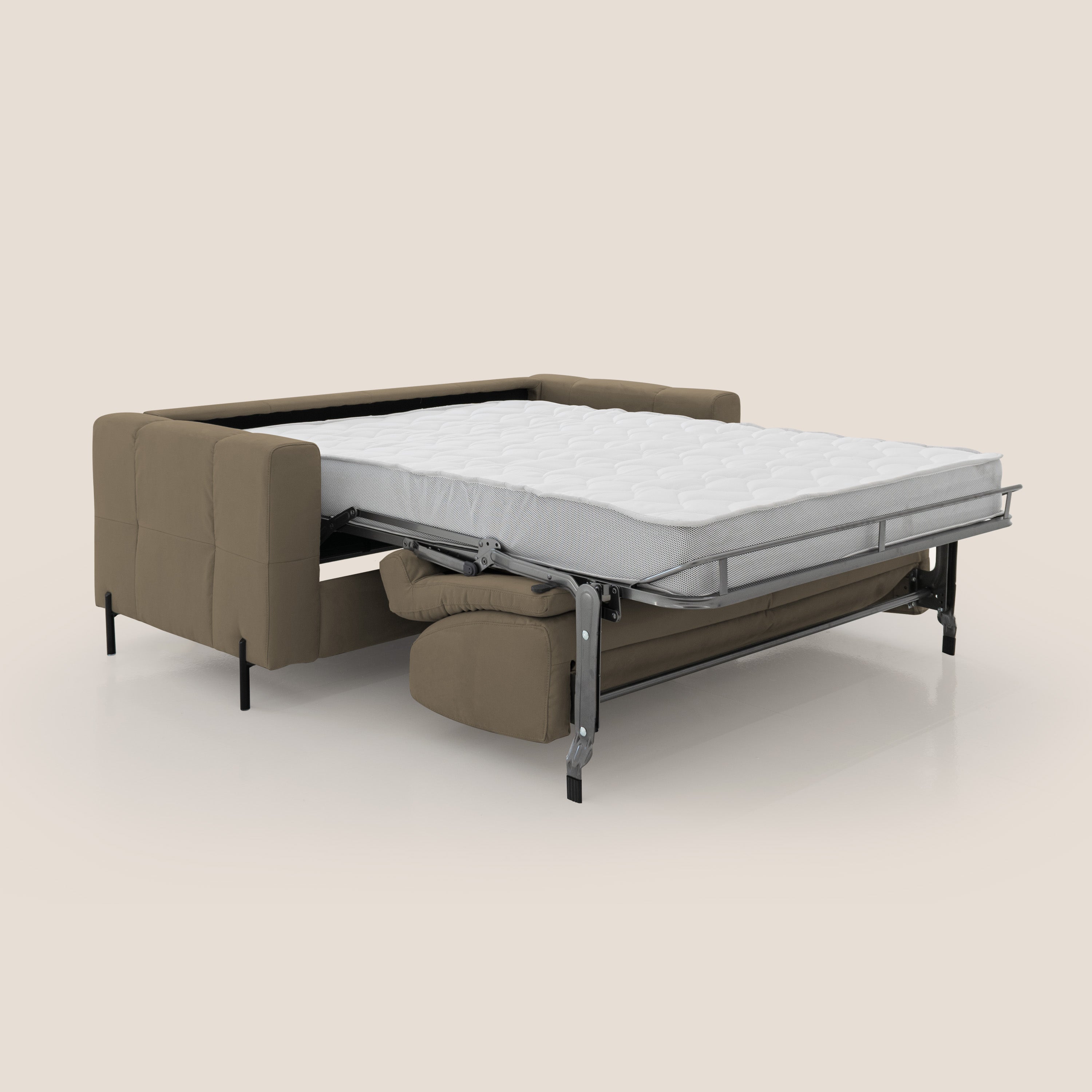 Ortensia divano letto materasso H18 cm con piedi alti in elegante microfibra smacchiabile T11 marrone - divani.store