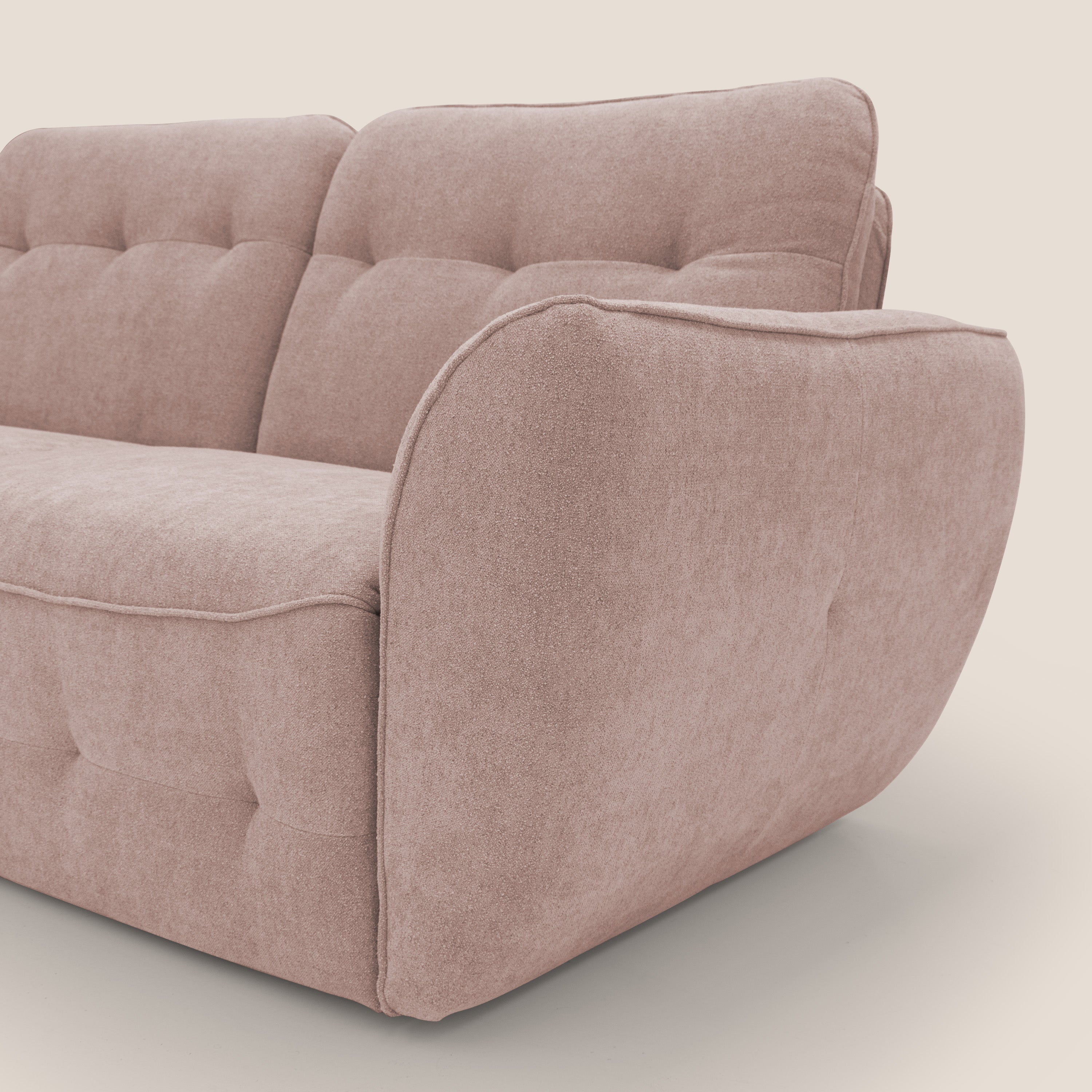 Cerbero divano angolare con pouf mobile in morbido bouclé impermeabile T07 rosa - divani.store