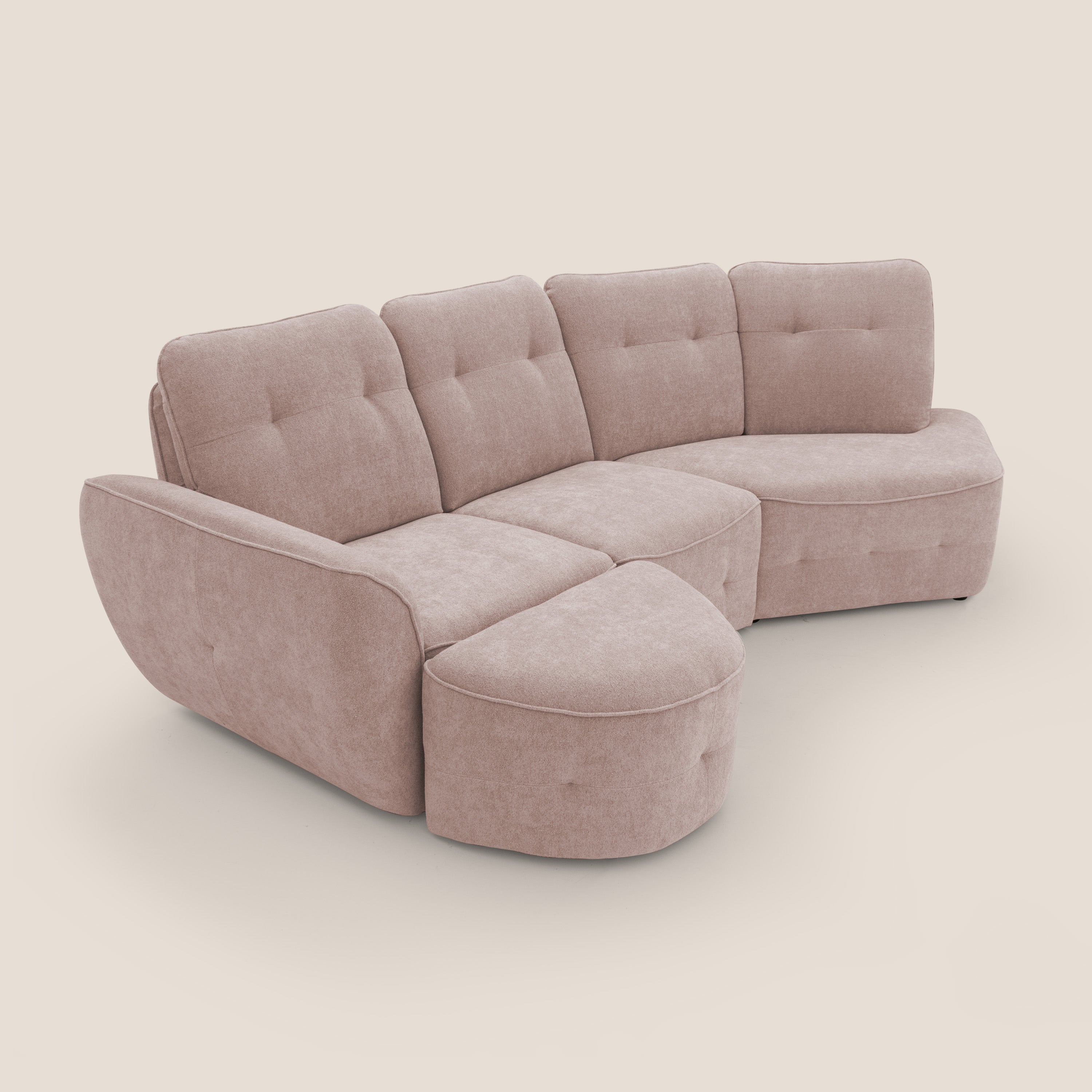 Cerbero divano angolare con pouf mobile in morbido bouclé impermeabile T07 rosa - divani.store