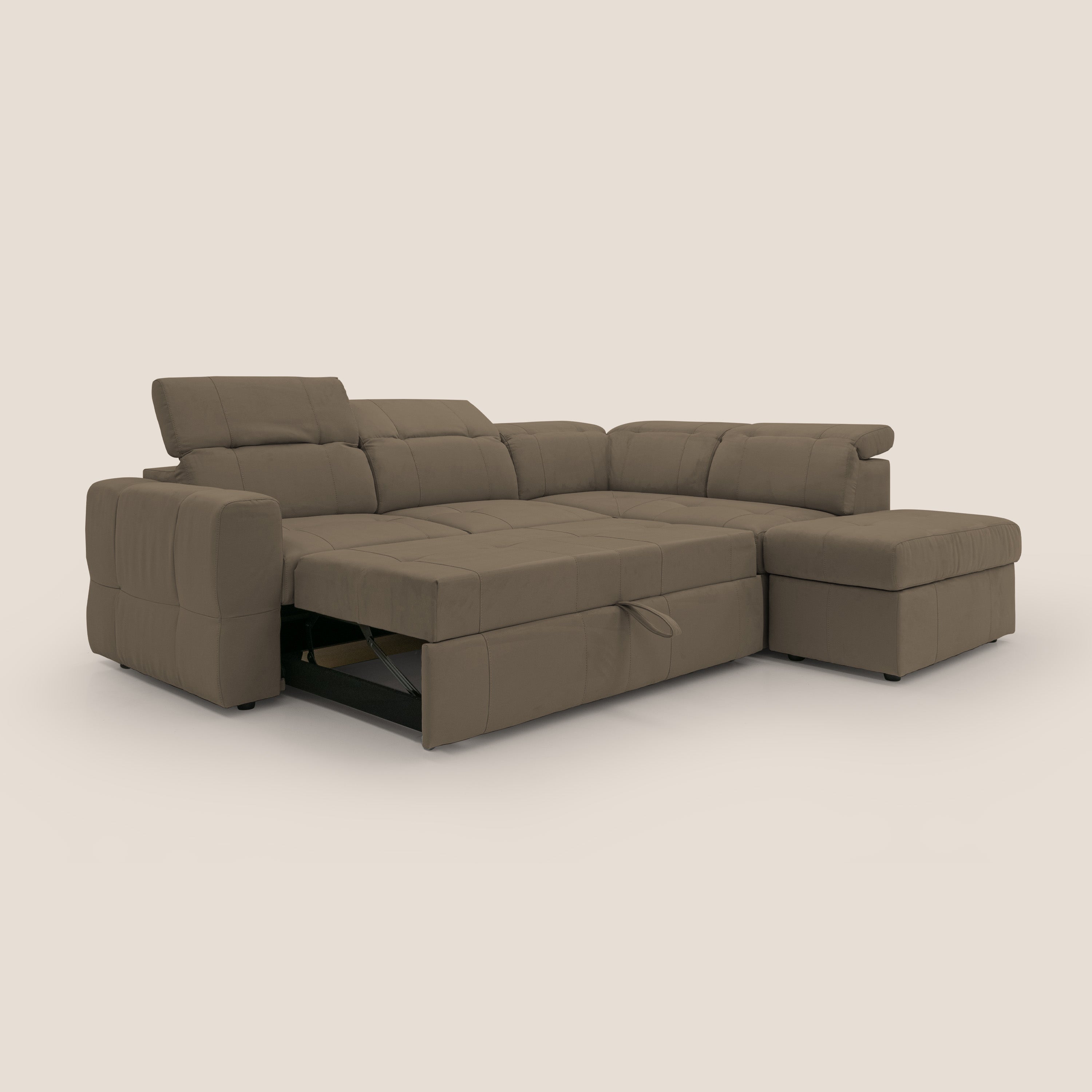Kronos Divano angolare con poggiapiedi estraibile e pouf contenitore mobile in microfibra impermeabile T11 marrone - divani.store