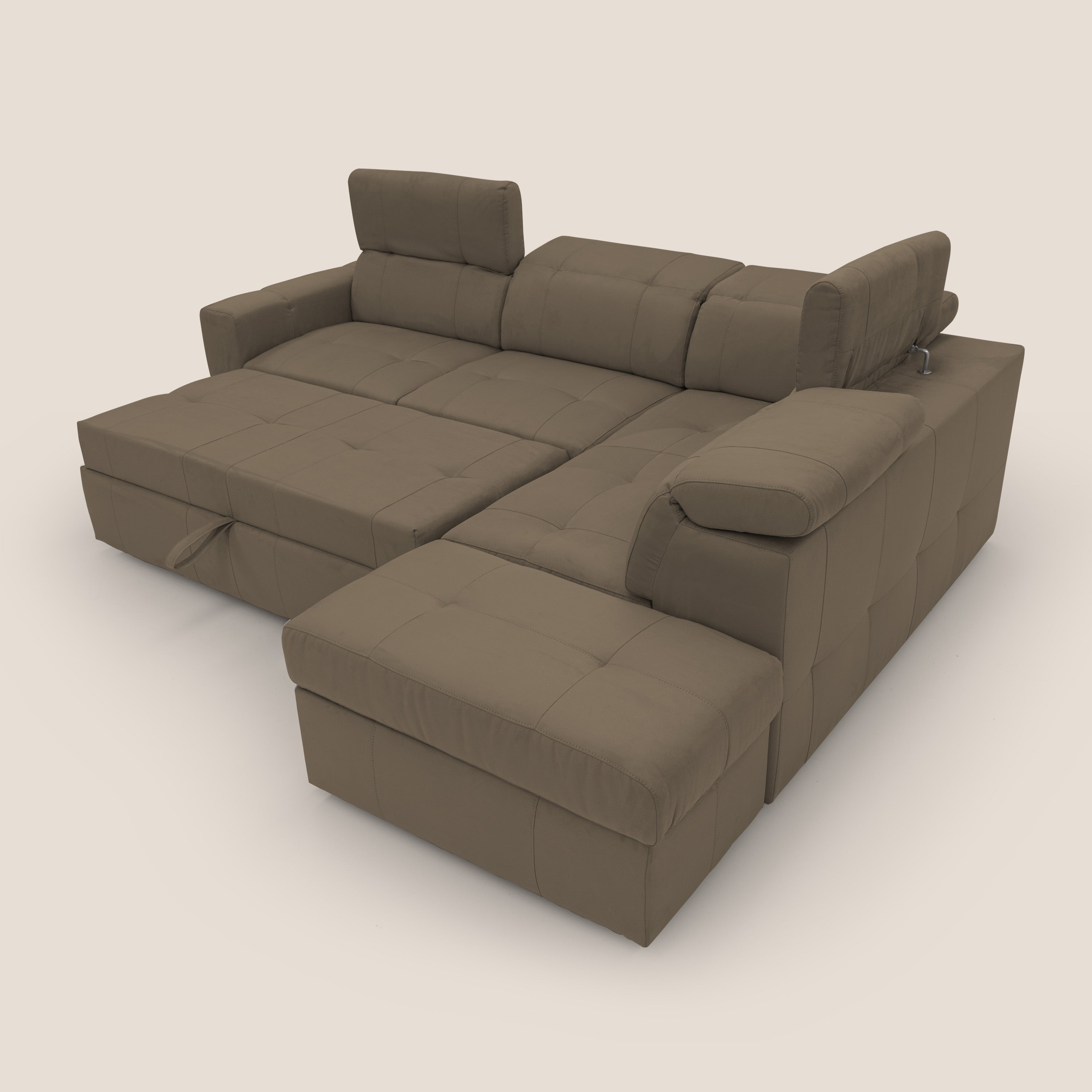 Kronos Divano angolare con poggiapiedi estraibile e pouf contenitore mobile in microfibra impermeabile T11 marrone - divani.store