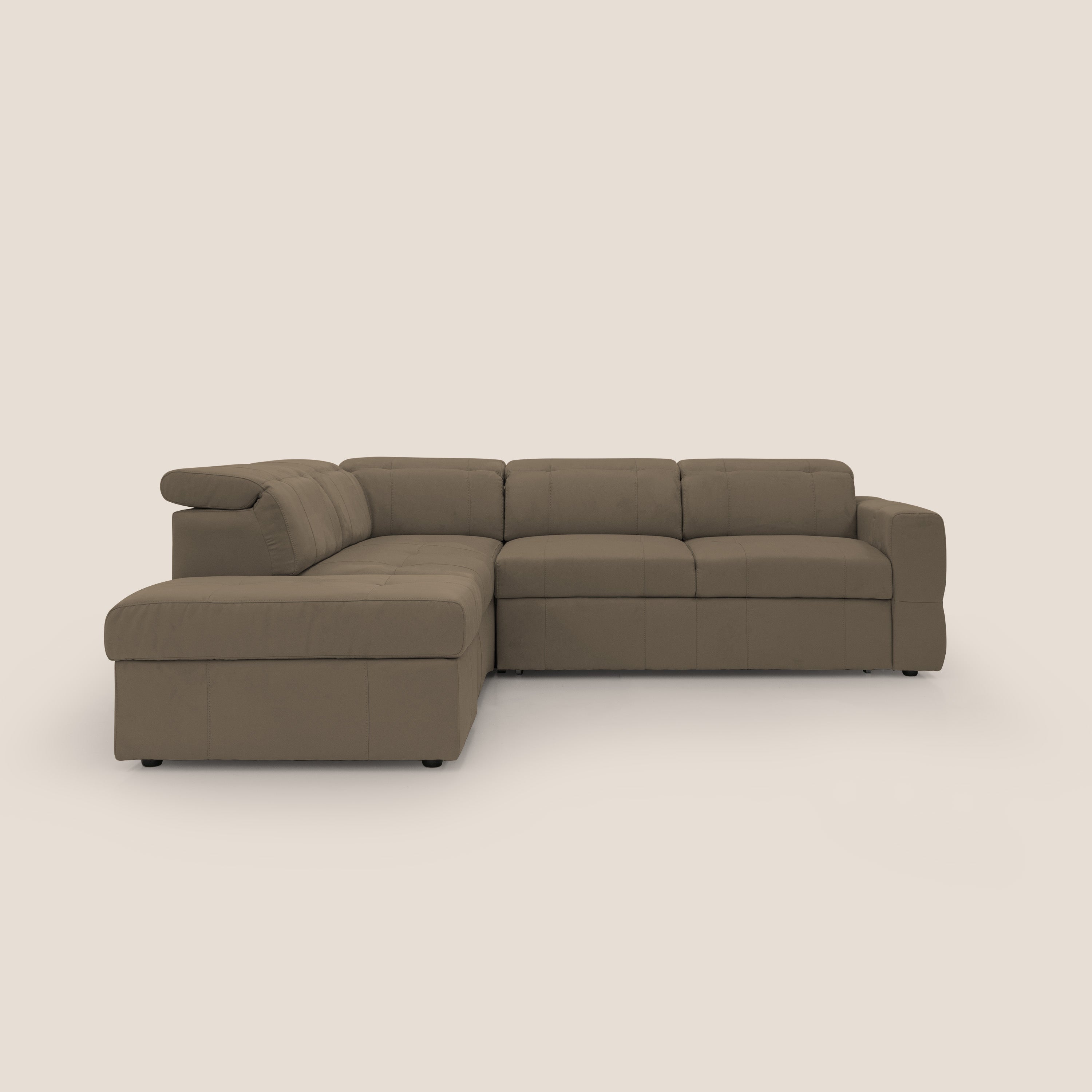 Kronos Divano angolare con poggiapiedi estraibile e pouf contenitore mobile in microfibra impermeabile T11 marrone - divani.store