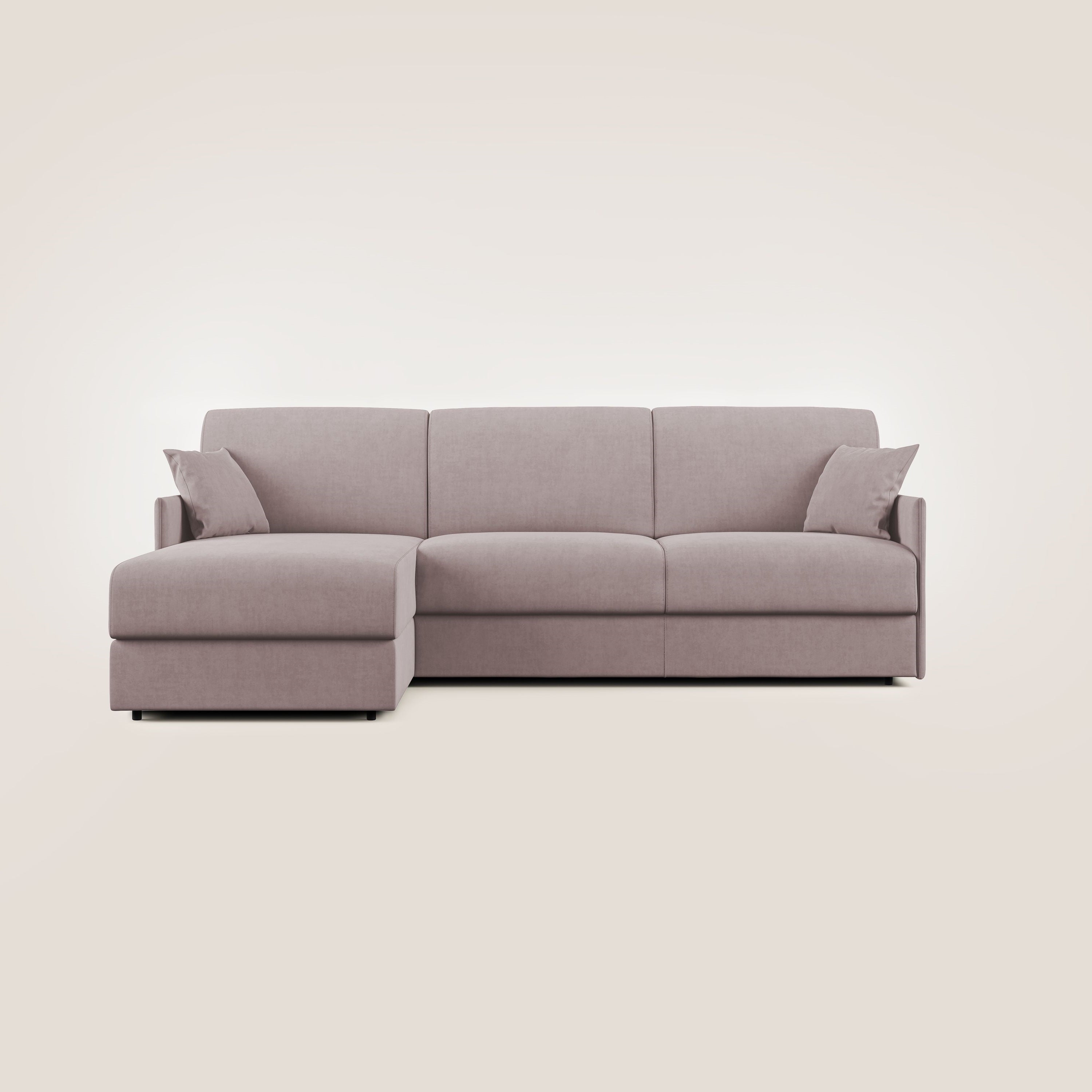 Evans Divano letto angolare con penisola in morbido tessuto impermeabile T02 rosa - divani.store