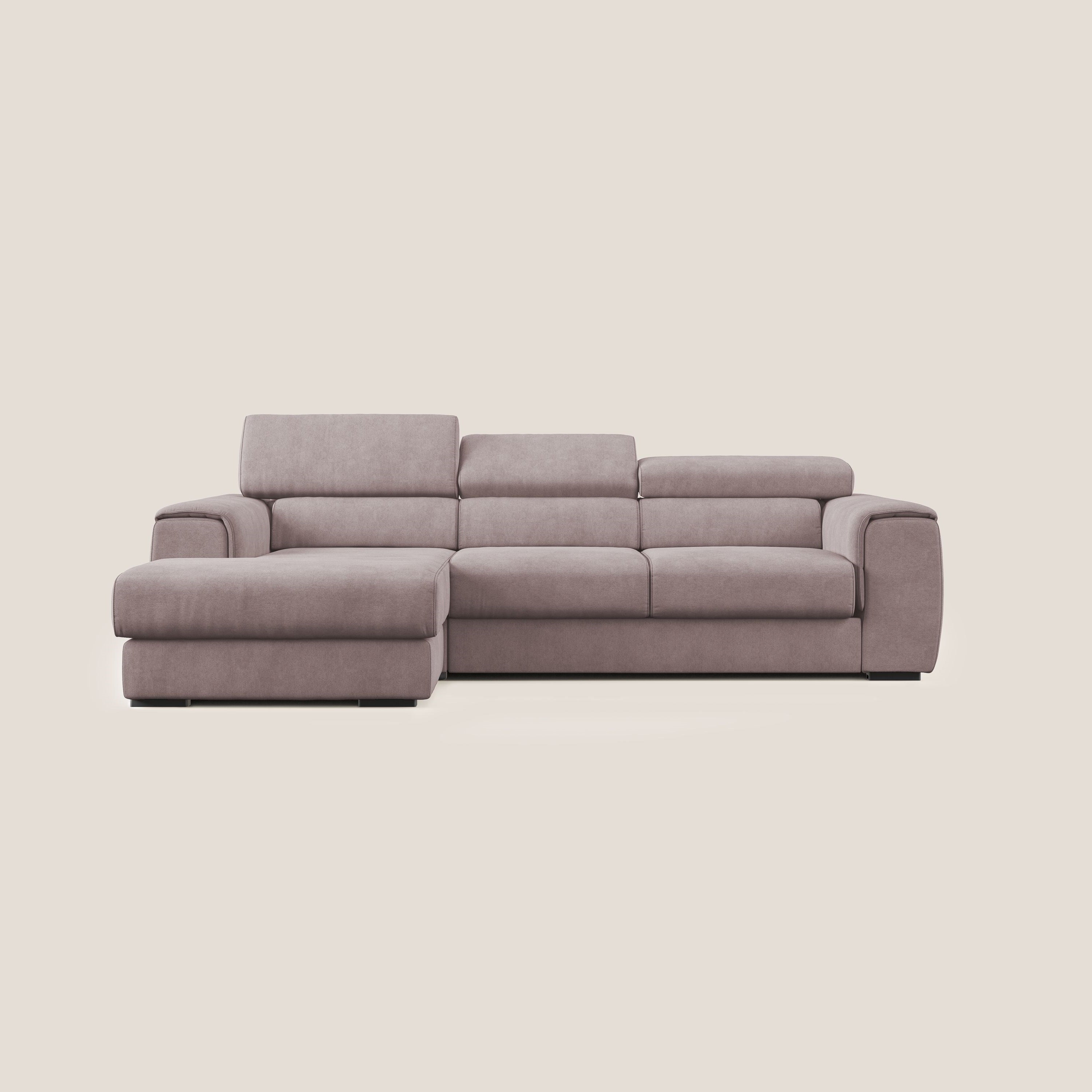 Zeno Divano angolare con pouf estraibile poggiapiedi in tessuto morbido impermeabile T02 rosa - divani.store