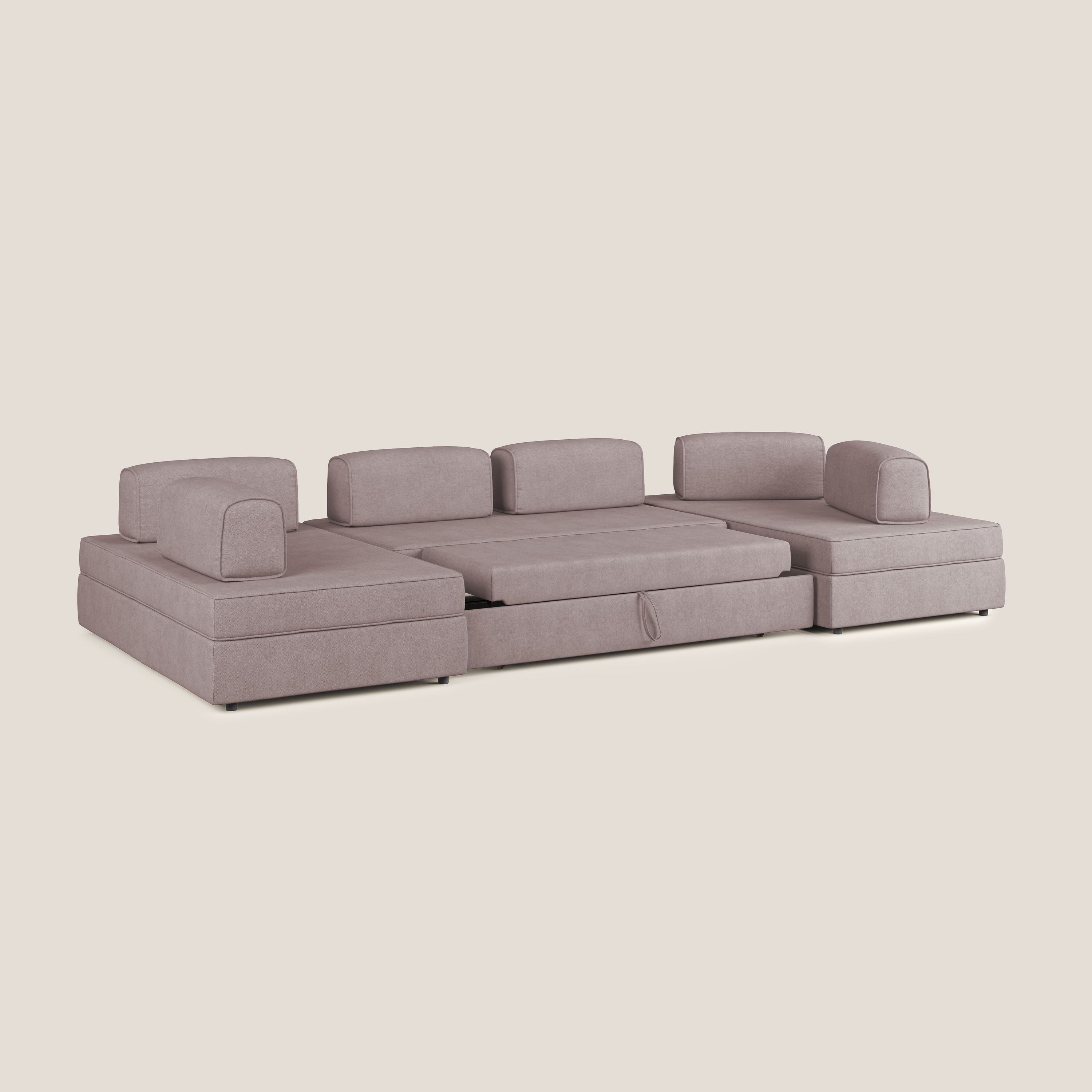 Liberty divano panoramico con pouf estraibile e schienali movibili in tessuto morbido impermeabile T02 rosa - divani.store
