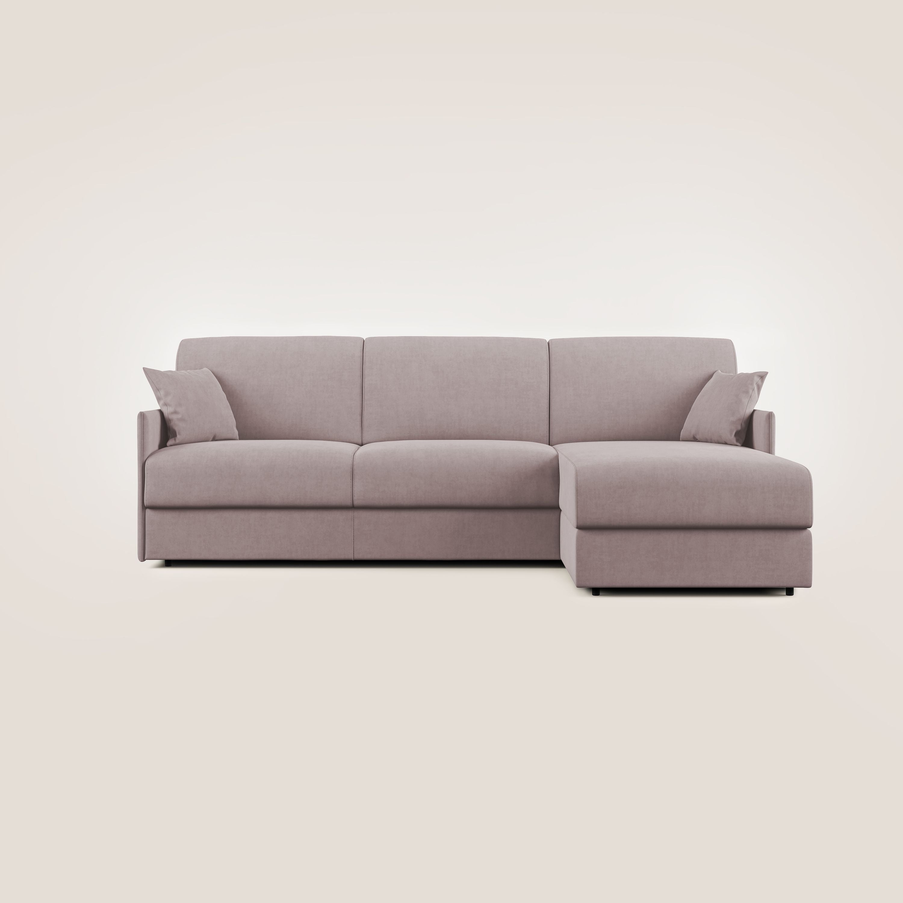 Evans Divano letto angolare con penisola in morbido tessuto impermeabile T02 rosa - divani.store