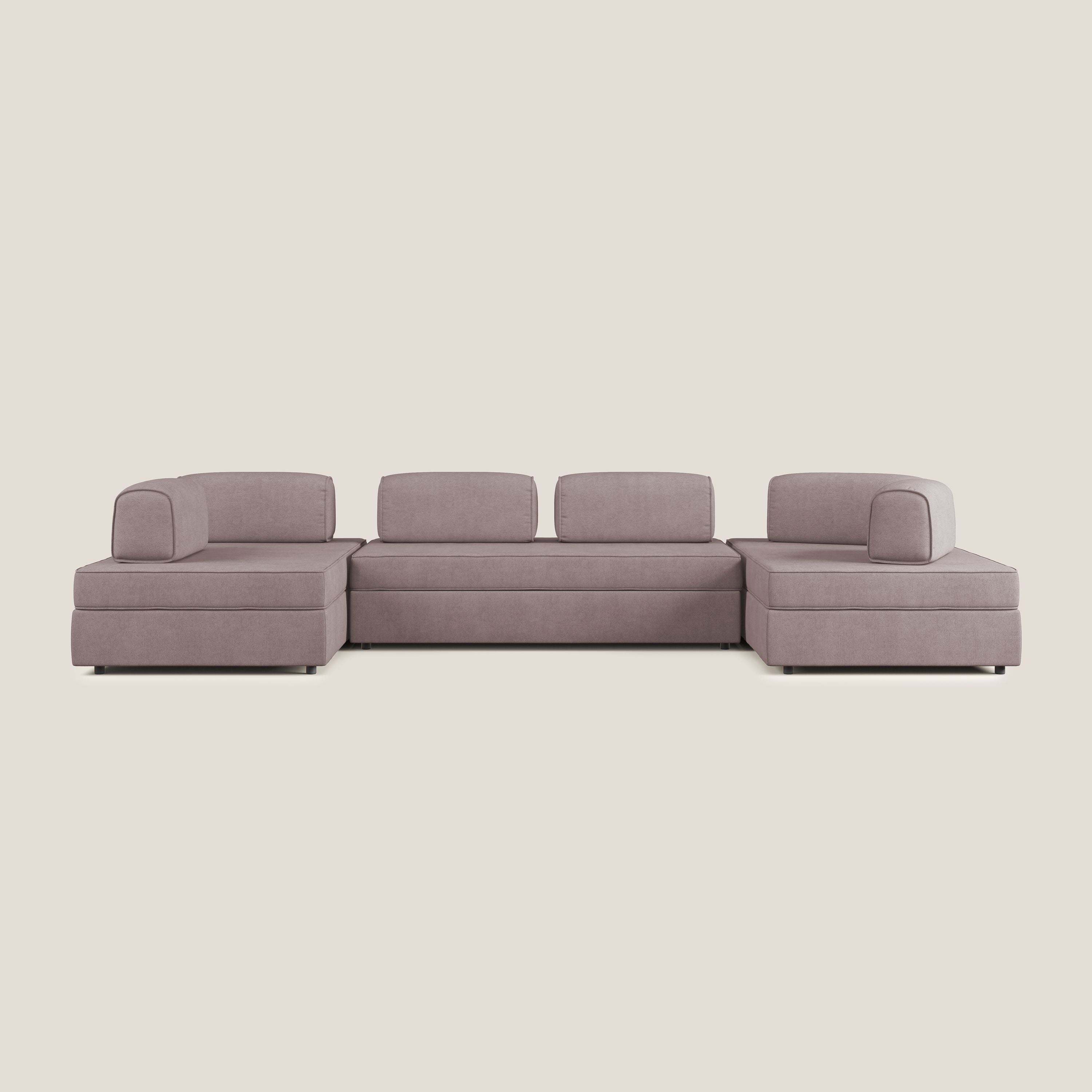 Liberty divano panoramico con pouf estraibile e schienali movibili in tessuto morbido impermeabile T02 rosa - divani.store