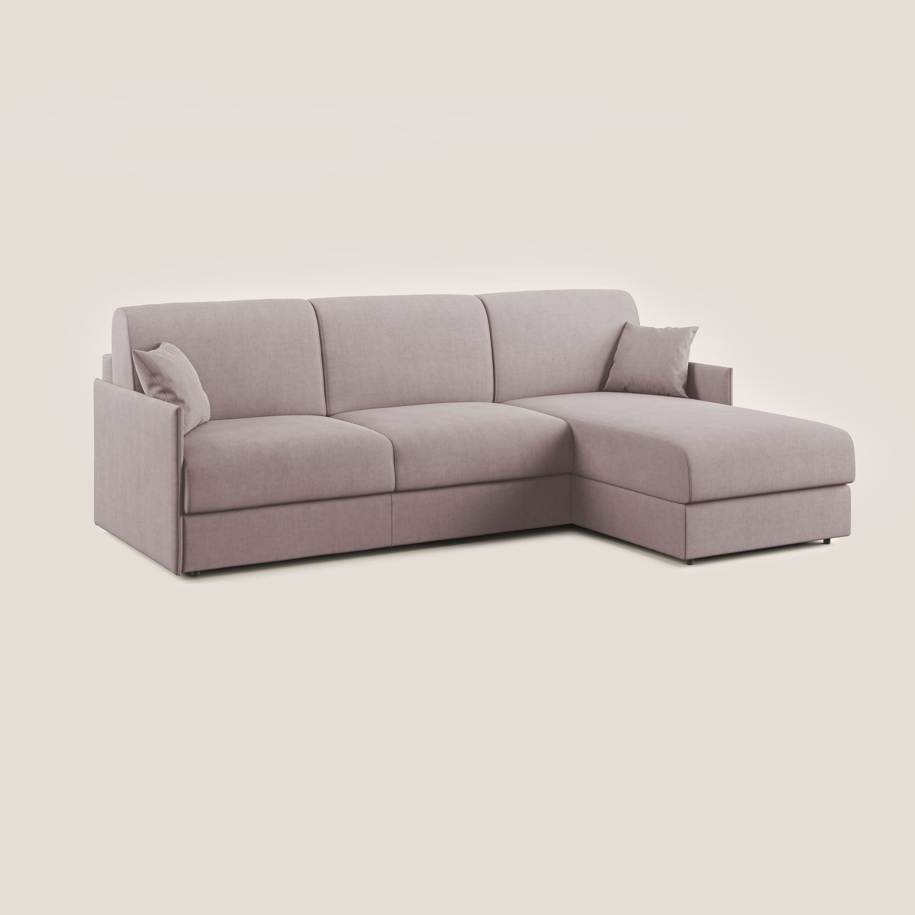 Evans Divano letto angolare con penisola in morbido tessuto impermeabile T02 rosa - divani.store