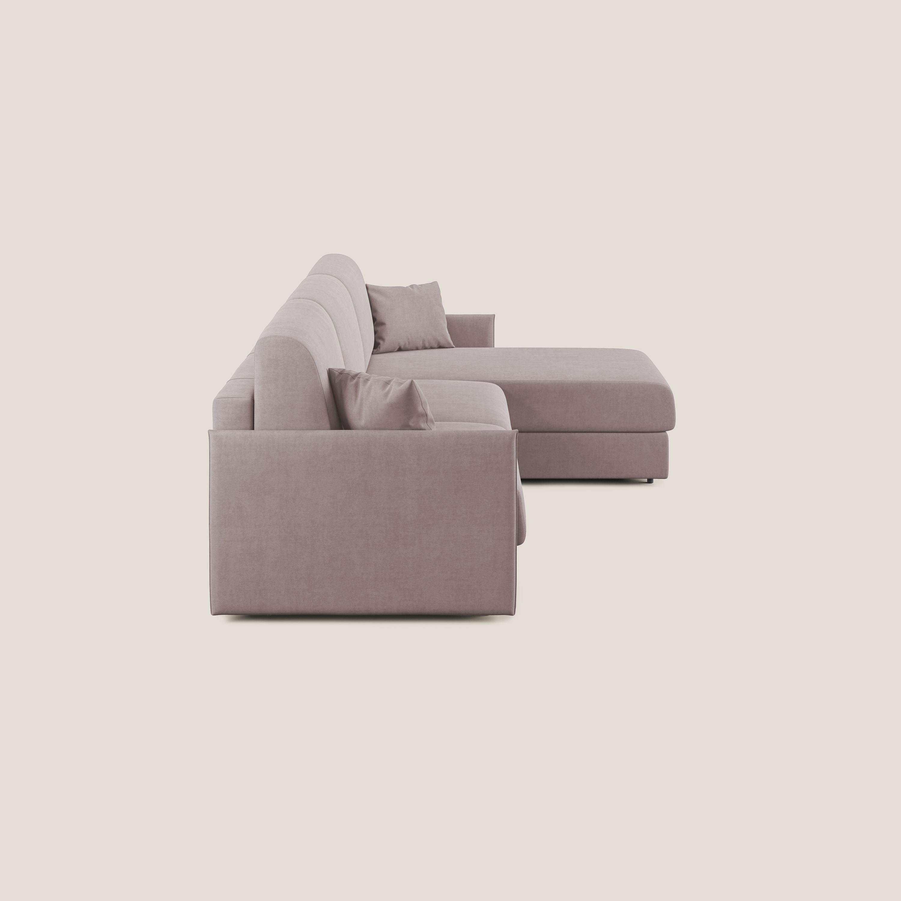 Evans Divano letto angolare con penisola in morbido tessuto impermeabile T02 rosa - divani.store