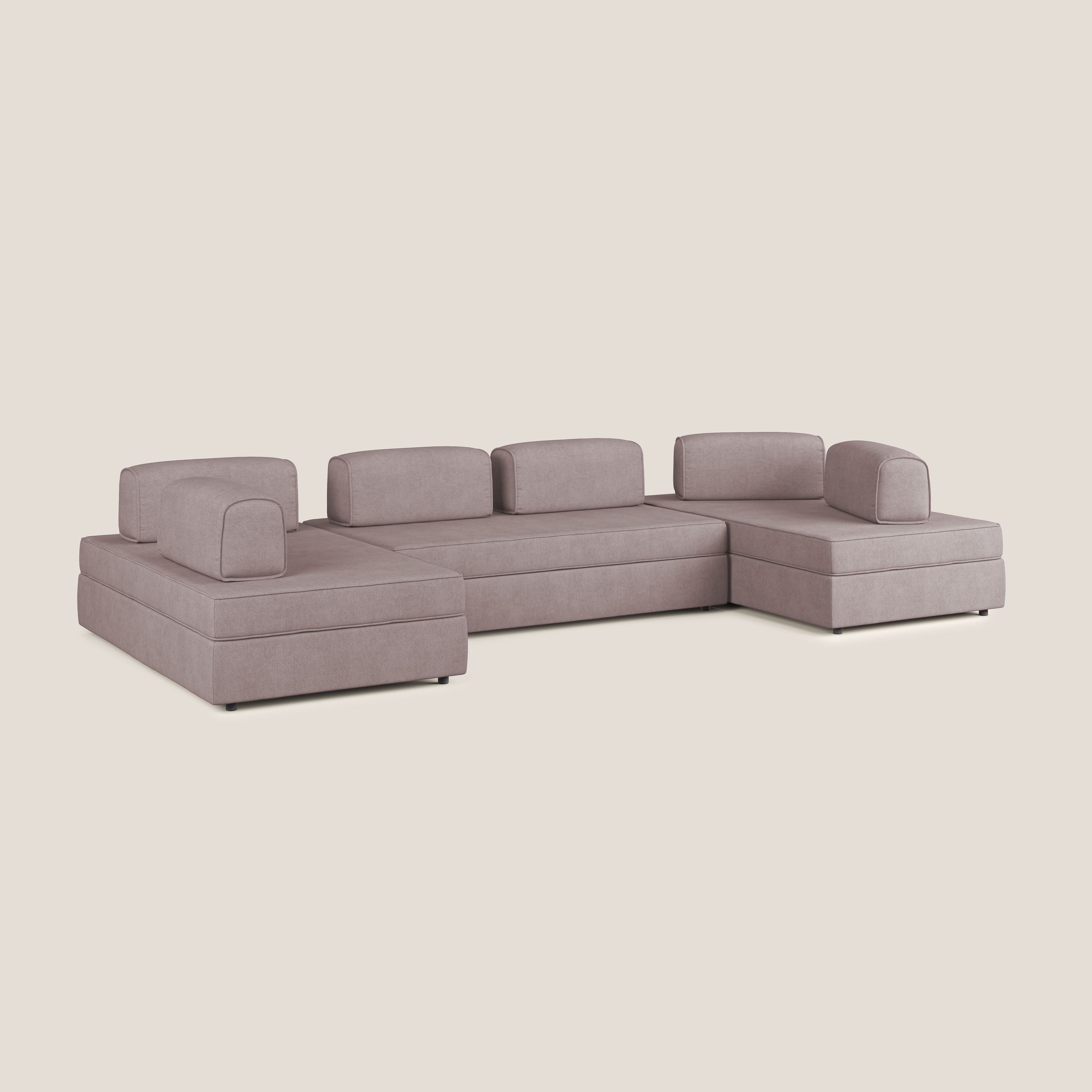 Liberty divano panoramico con pouf estraibile e schienali movibili in tessuto morbido impermeabile T02 rosa - divani.store