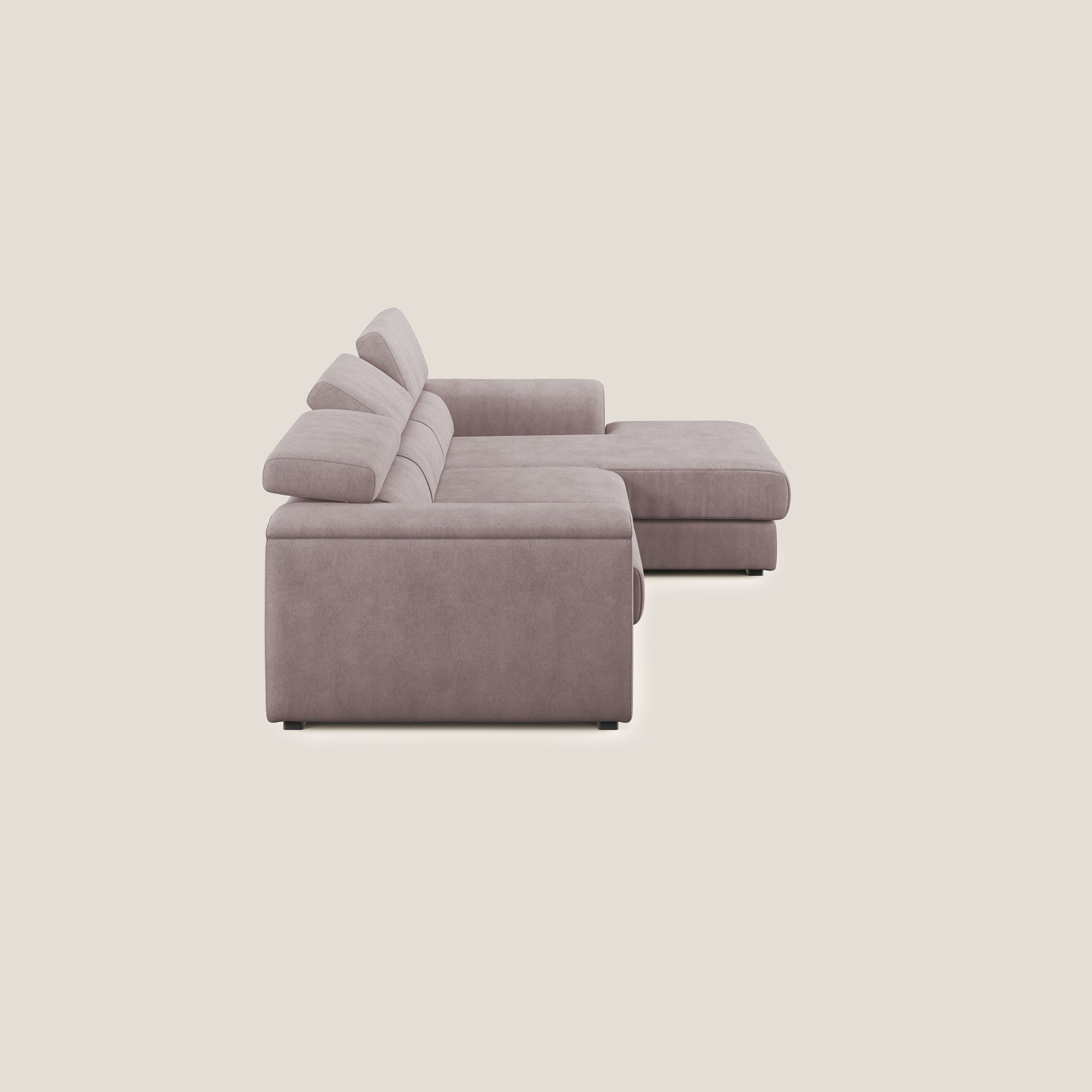 Zeno Divano angolare con pouf estraibile poggiapiedi in tessuto morbido impermeabile T02 rosa - divani.store
